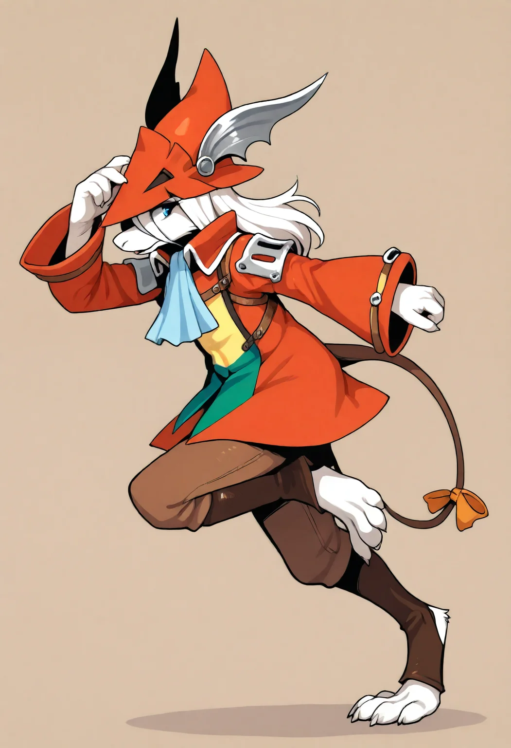 fluffy, tufts, furry, FreyaC, white fur, white hair, blue eyes, brown tail, orange tailbow, red dragoon coat, ascot, leather gaiters, brown dragoon pants, leg raised, red dragoon hat, running, on one foot, touching hat, brown background, feet, from side, solo, 1girl, detailed, shading, sharp lighting,
, <lora:Freya11b s97:1>
