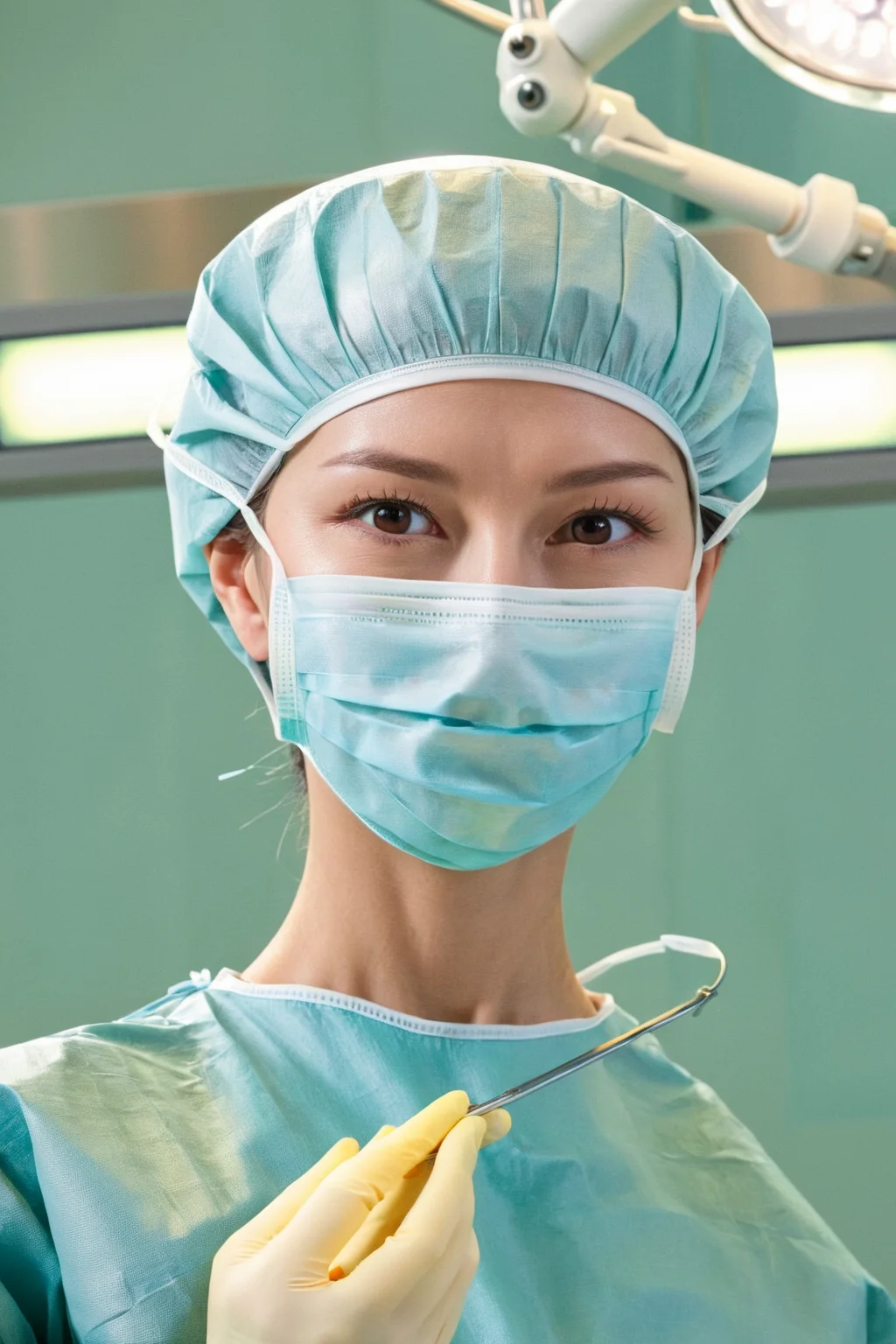 A female surgeon in surgical outfit, surgical mask, surgical cap and surgical gloves, Detailed picture, very high resolution, operating room, <lora:concept_surgeon_xl_v1:1>