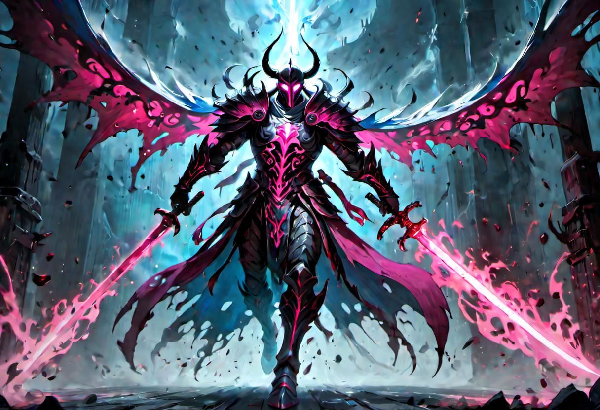 full body warrior of light in white and dark pink  armor clad in shadow dark mist has pink glow eyes with a thing blue mist running from the side of his eyes upwards masked face wielding a stylized katana of light angrey look blood stained cape right shoulder on black fire cloth mask revealing angrey eyes, with huge blue and black angle wings,
standing infront massive gates.