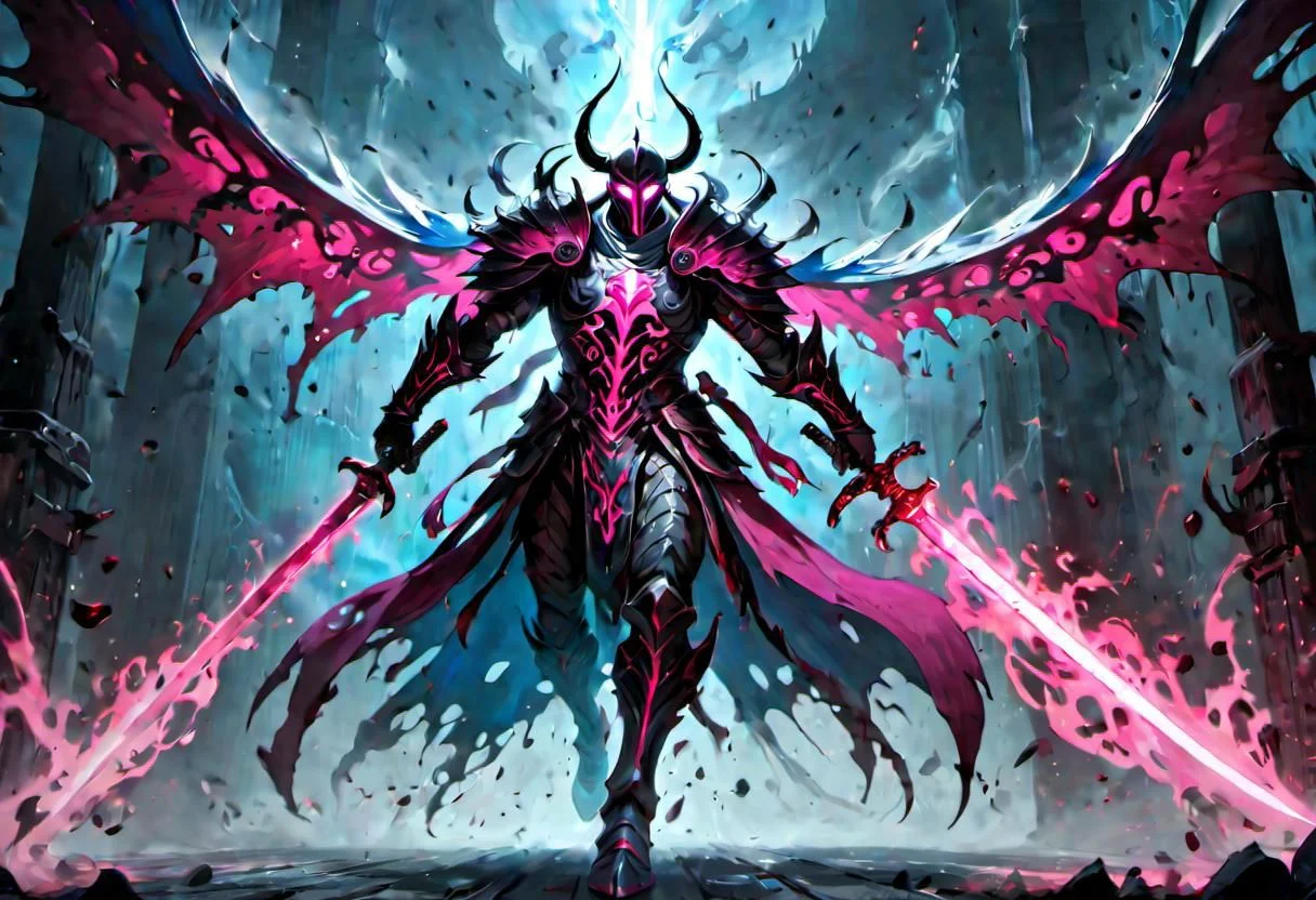 full body warrior of light in white and dark pink armor clad in shadow dark mist has pink glow eyes with a thing blue mist running from the side of his eyes upwards masked face wielding a stylized katana of light angrey look blood stained cape right shoulder on black fire cloth mask revealing angrey eyes, with huge blue and black angle wings,
standing infront massive gates.