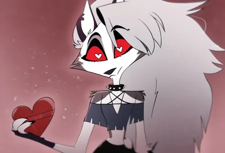 Loona \(Helluva Boss\), anthro, fingerless gloves, GREY HAIR, SILVER EYES, RED SCLERA, SPIKED COLLAR, PIERCED EYEBROW, CROP TOP, MICRO SHORTS, heart floating, heart-shaped pupils, aroused, heart eyes, cupid arrow, Valentine's day themed