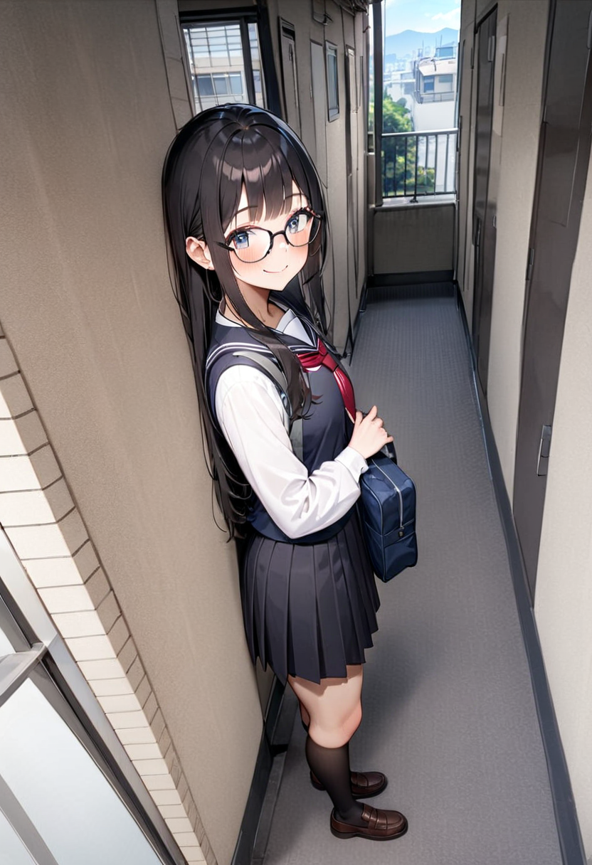masterpiece, best quality, very aesthetic, absurdres,
1girl, glasses, black hair, long hair, school uniform, school bag, smile, blush, solo focus, standing, looking at viewer, 
rouka, hallway, scenery, window, building, day, sky, door, outdoors, blue sky, cityscape, city, real world location, 
 <lora:JProuka_apartment_hallway_SDXL_V1:1>