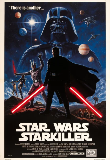 vintage movie poster for "Star Wars: StarKiller", Darth Vader is standing behind a man, the man is only shown by silhouette wearing a black jedi outfit carrying two red light sabers, tag line at the top reads "There is another...", the poster includes planets and other sci-fi things like spacecraft and aliens