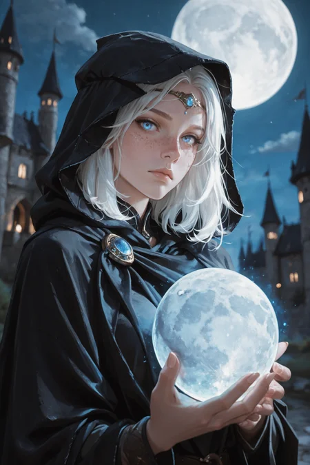 1girl, blue eyes, solo, looking at viewer, hood, white hair, cloak, freckles, moon, upper body, hood up, fingernails, lips, hooded cloak, night, closed mouth, sky, glowing, circlet, outdoors, full moon, black cloak, long sleeves, holding, castle, medium hair, cape, glowing, holding orb,,
<lora:rimixO:0.65>, masterwork, masterpiece, best quality,  detailed, depth of field, , high detail, best quality, very aesthetic, 8k, dynamic pose, depth of field, dynamic angle, adult,  aged up