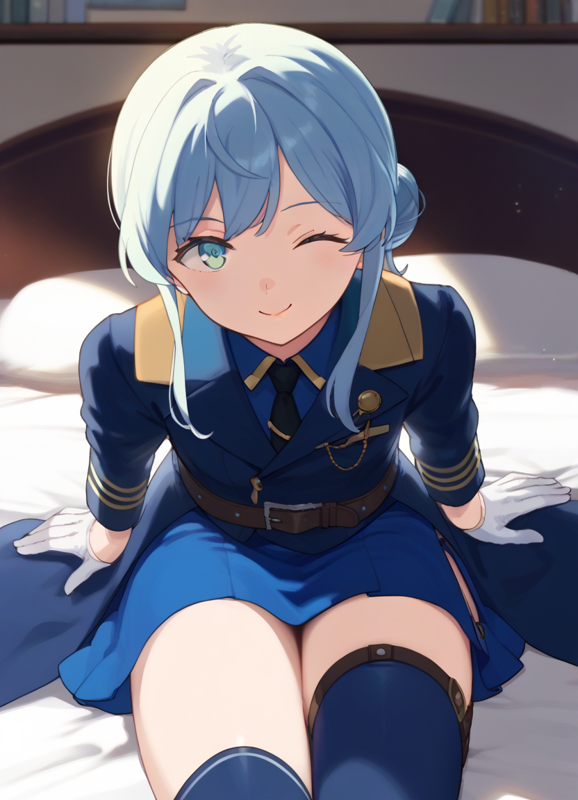 score_9, score_8_up, score_7_up, masterpiece, best quality, absurdres, official art, official style, (anime screencap, megami magazine:1.2), zPDXL2, zPDXLxxx, <lora:Shibafu_Style_Pony_v1:0.7>, 1girl, solo focus, shibafu_style, <lora:gotland-09:0.7>, gotlandandraKC, long sleeves, jacket, collared shirt, belt, white gloves, hair bun, blue skirt, military uniform, thigh strap, single hair bun, blue shirt, blue sailor collar, black necktie, blue thighhighs, half gloves, <lora:neg4all_bdsqlsz_xl_V91:1.0> <lora:ALTXL_pony_0061_8:2.0>, <lora:detailed_hands-000002:1>, hand bedroom, on bed, bed sheet, evening, sunset, dim lighting, light particles, on stomach, pov one eye closed, closed mouth, smile, looking at viewer,