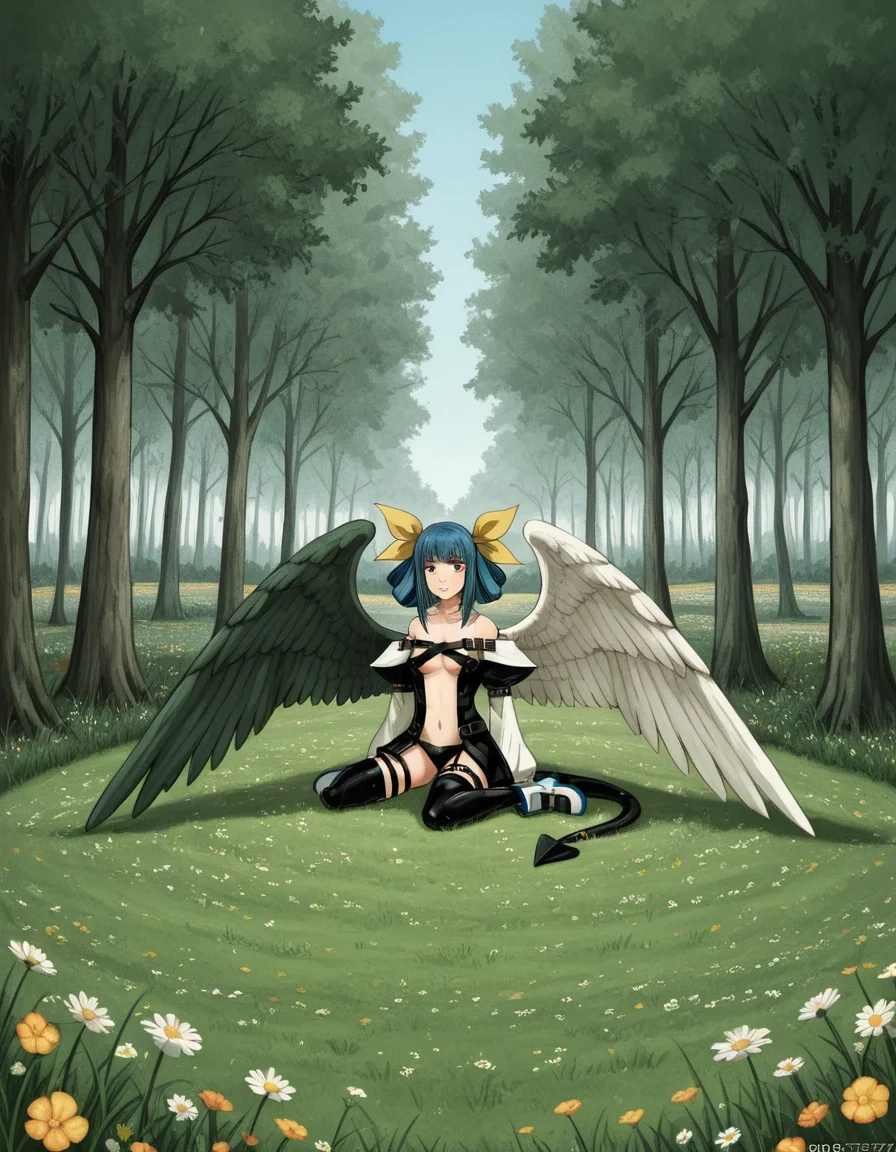 <lora:gomennasai_Illustrious:1>gstyle
Dizzy_(Guilty_Gear), black wing, white wing, outdoors, beautiful day, forrest, trees, grass, field, flowers