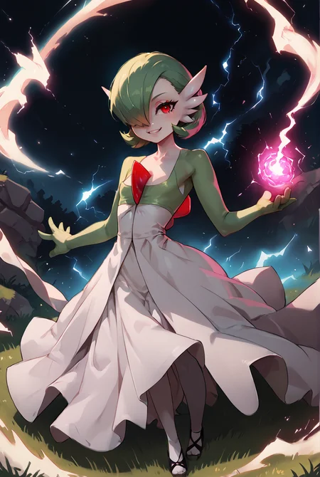 score_9, score_8_up, score_7_up, score_6_up, score_5_up, score_4_up, <lora:gardevoir_v2:1> gardevoir, white dress, creature, game freak, nintendo, pokemon, bangs, colored skin, female focus, flat chest, gen 3 pokemon, green hair, green skin, hair over one eye, multicolored skin, red eyes, short hair, two-tone skin, white skin, cute smile, full body, <lora:Super_Saiyan_4_Goku_Anime:1>, <lora:asanagiArtistStylePonyxl_loraLocon:0.8>, <lora:incase-ilff-v3-4:0.8>, <lora:BoldCAT_P3:1>, energy, aura, electricity, highly detailed, absurdres,