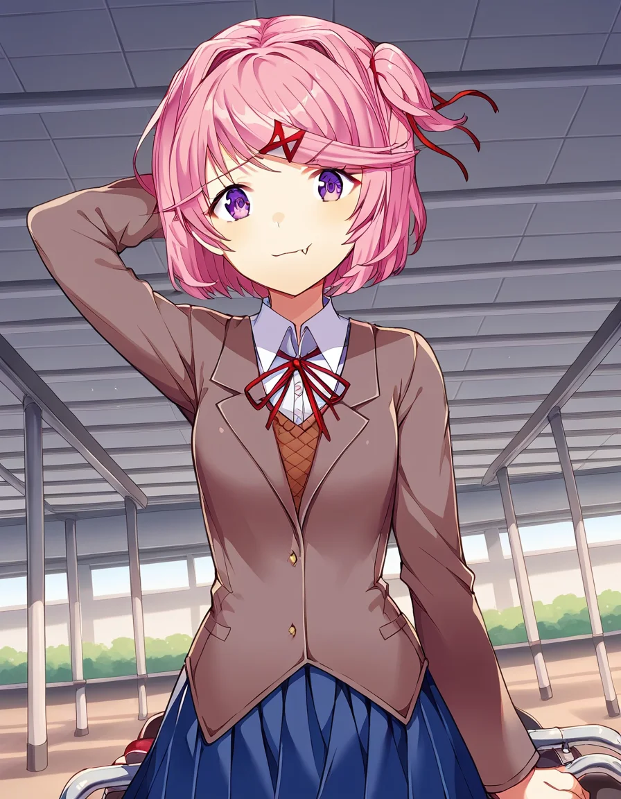 score_9, score_8_up, score_7_up, source_anime, <lora:ddlc-natsuki-ingame-ponyxl-lora-nochekaiser:1>, natsuki, fang, hair ornament, pink hair, purple eyes, short hair, short sidetail, swept bangs, x hair ornament,, blazer, blue skirt, brown jacket, collared shirt, jacket, long sleeves, miniskirt, neck ribbon, pleated skirt, red ribbon, ribbon, school uniform, shirt, skirt, swept bangs, vest, white shirt, wing collar,, amusement park, rides, crowds, fun, colorful, , hand behind head, , looking at viewer, solo,, dutch angle, cowboy shot