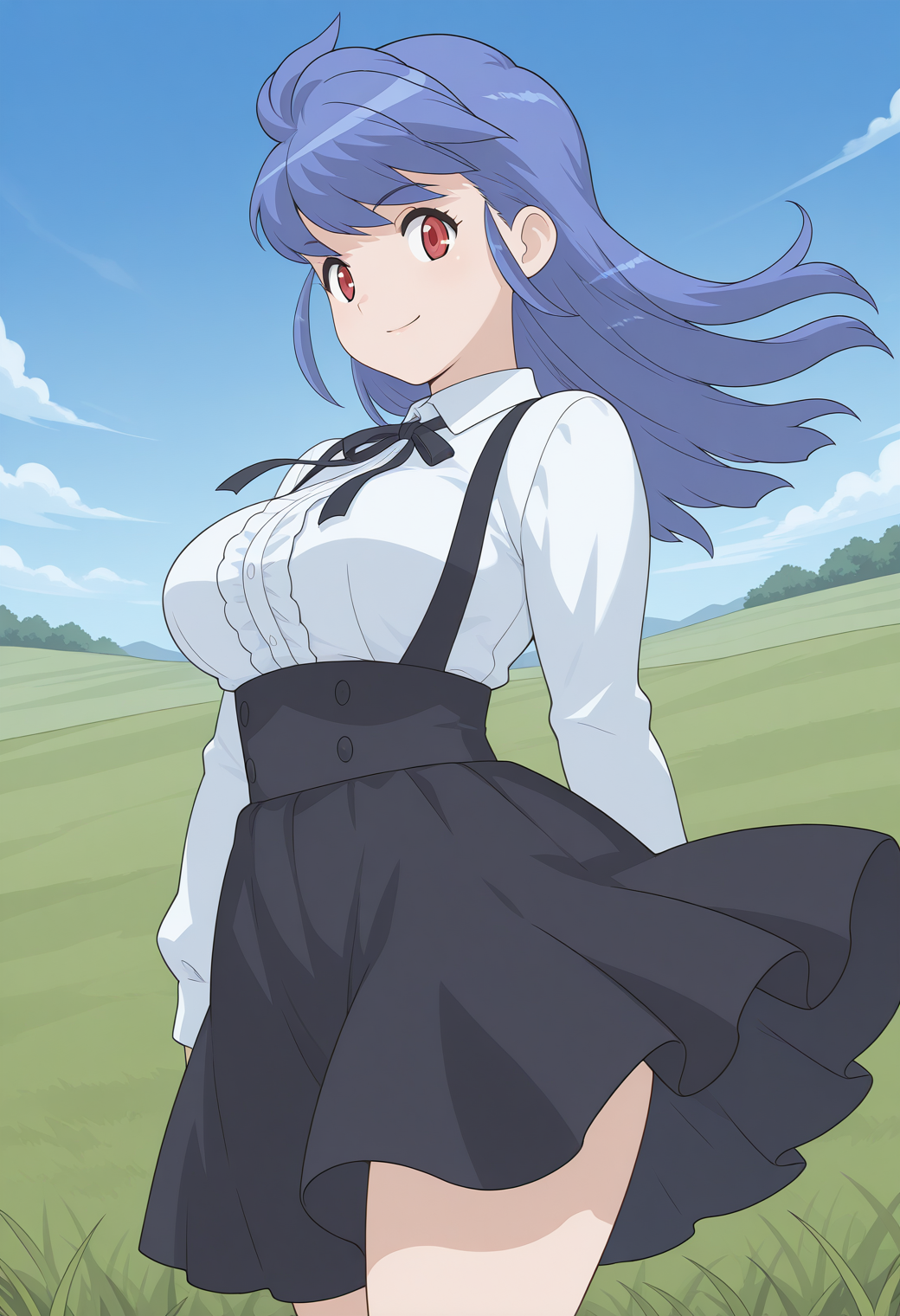otome_konamilady, red eyes, blue hair, long hair, collared shirt, long sleeves, neck ribbon, black skirt,  <lora:OTOME_konamilady_illustrious_ver1:0.8> 
smile,, masterpiece, best quality, sensitive,, 1girl, solo, blue sky, (grasslands:1.2), looking at viewer,, (cowboy shot, dynamic pose:1.4),