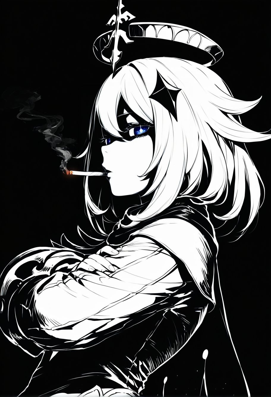Smooth_Quality, solo, paimon \(genshin impact\), empty eyes, half-closed eyes, annoyed, star-shaped pupils, halo, smoking cigarette, blowing smoke, close-up portrait, short hair, bangs, hair ornament, hair between eyes, white hair, long sleeves, dress, scarf, cape, thighhighs, spot color, shaded face, black and white, from side, dynamic angle, looking at viewer, crossed arms,   <lora:Mature_Comics_Style_-_NoobAI:1>,