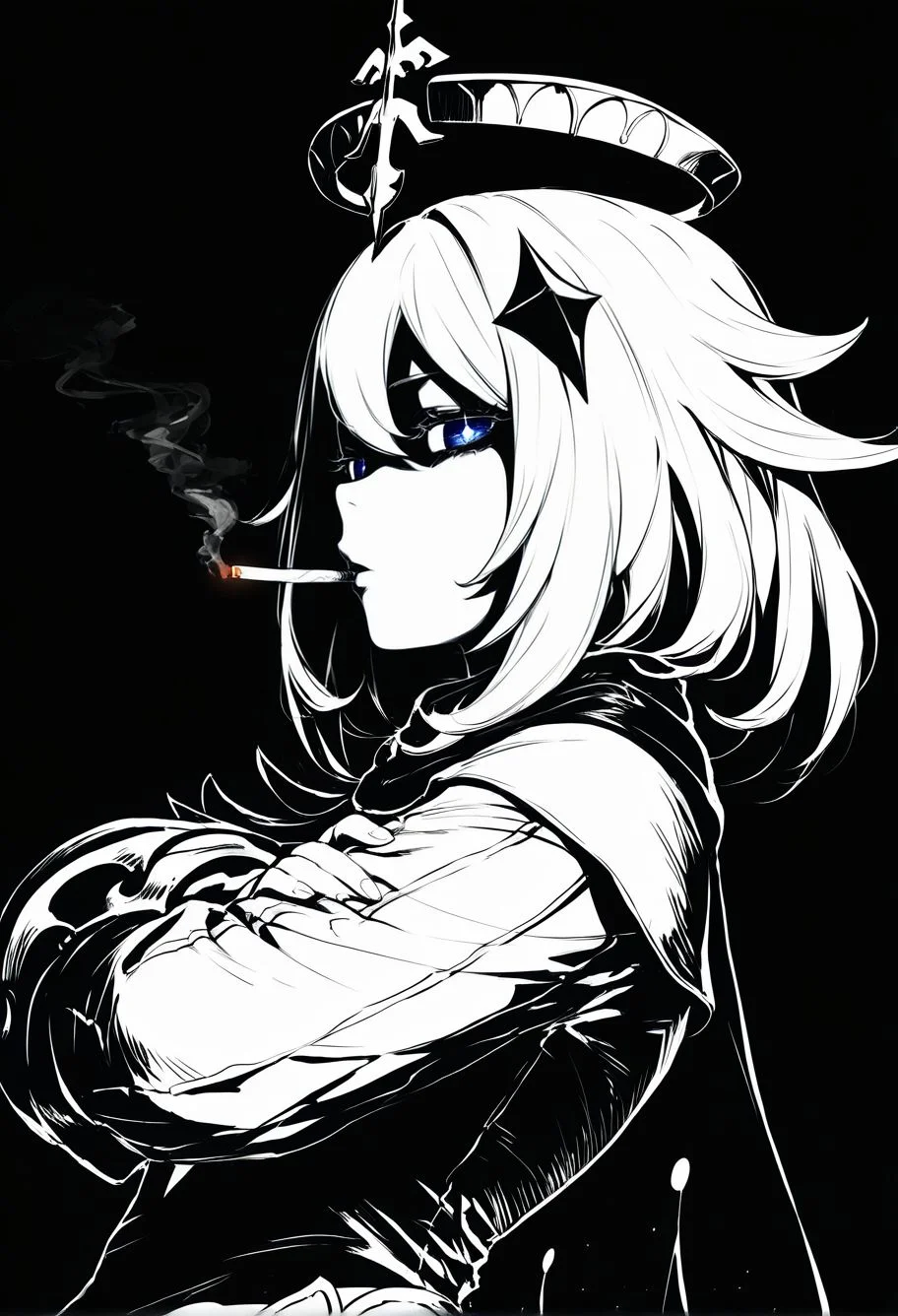 Smooth_Quality, solo, paimon \(genshin impact\), empty eyes, half-closed eyes, annoyed, star-shaped pupils, halo, smoking cigarette, blowing smoke, close-up portrait, short hair, bangs, hair ornament, hair between eyes, white hair, long sleeves, dress, scarf, cape, thighhighs, spot color, shaded face, black and white, from side, dynamic angle, looking at viewer, crossed arms, <lora:Mature_Comics_Style_-_NoobAI:1>,