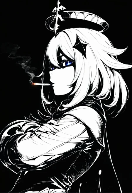 Smooth_Quality, solo, paimon \(genshin impact\), empty eyes, half-closed eyes, annoyed, star-shaped pupils, halo, smoking cigarette, blowing smoke, close-up portrait, short hair, bangs, hair ornament, hair between eyes, white hair, long sleeves, dress, scarf, cape, thighhighs, spot color, shaded face, black and white, from side, dynamic angle, looking at viewer, crossed arms,   <lora:Mature_Comics_Style_-_NoobAI:1>,