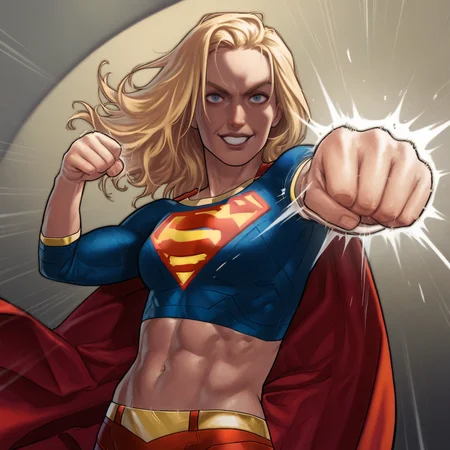safe, masterpiece, very aesthetic, thirstastic, black outline, dramatic lighting, dutch angle
BREAK 1girl, supergirl, toned, punching, incoming punch, motion lines, looking at viewer, grin, attack trail
<lora:thirstastic_NAIXL_v10-000121:1>