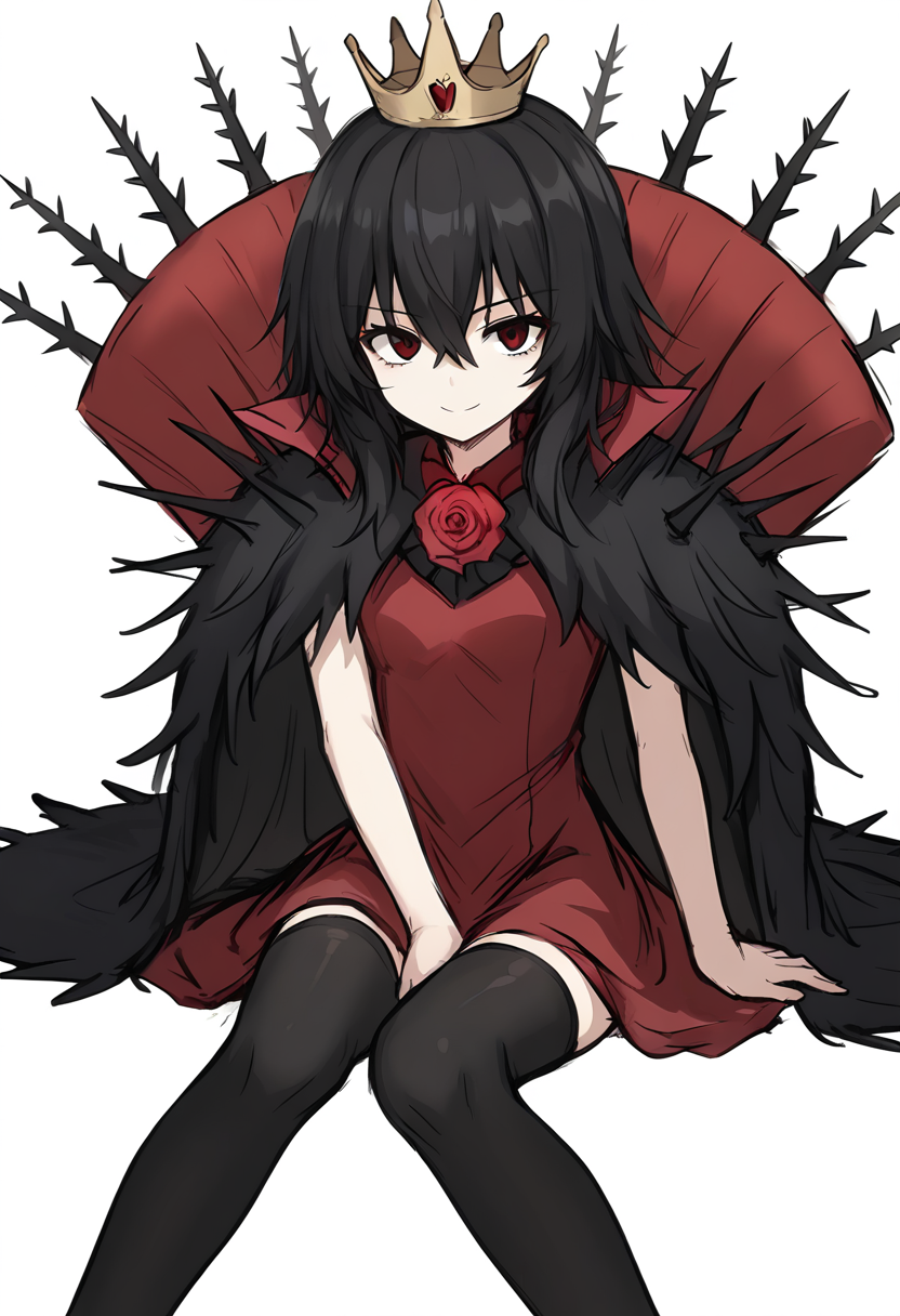 score_9, score_8_up, score_7_up, source_anime, <lora:Lorina bs2 xl pony:0.7>,  LorinaBS2, 1girl, solo, black hair, crown, dress, thighhighs, rose, flower, long hair, white background, red dress, simple background, looking at viewer, smile, cape, red flower, black thighhighs, red rose, fur cape, black eyes, thorns, sketch, hair between eyes, bow, zettai ryouiki, red eyes , cowboy pose, pov, sitting
