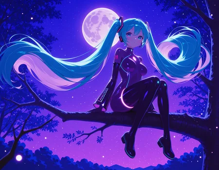 surreal,
1girl,hatsune miku,purple bodysuit, very long hair, floating hair,glowing hair,
night scene,large moon in the sky,purple hues,starry night,dreamlike atmosphere,glowing edges,mystical,high contrast,ethereal light,sitting on a tree branch,light particles,
looking at viewer,,, SmoothNoob_Quality