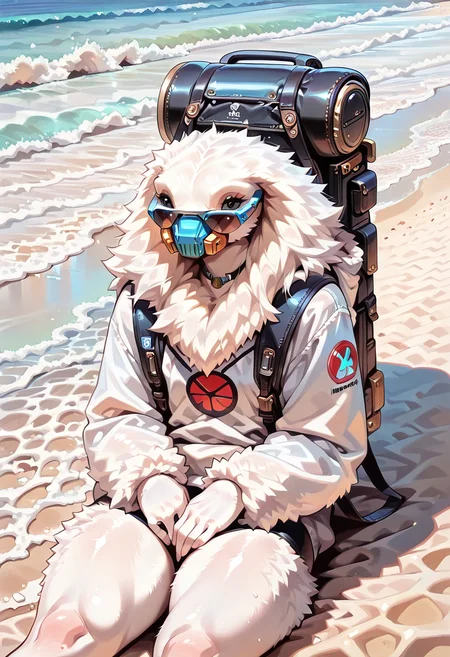 ,masterpiece, 2d, very detailed, (best quality:1.4), amazing quality, very aesthetic, alien, MoroffSW, solo,relaxing, wearing sunglasses, at a beach, tech backpack, white fur, fluffy body, fluffy, facemask, black eyes, no ears ,