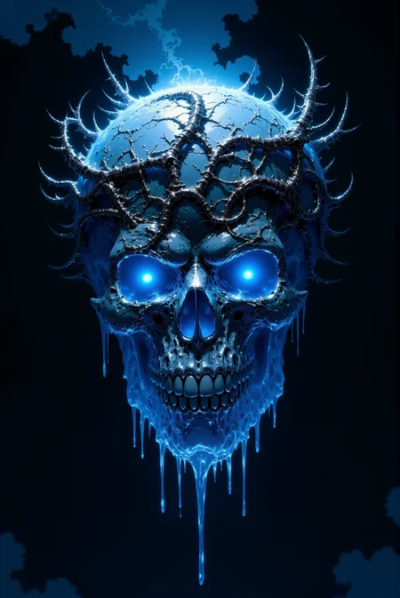 <lora:DGLO_style_v.7:0.75> DGLO style. A skeletal visage forged from frost and metal hovers in the void, its surface shimmering with icy patterns and cracks that glow with pulsating, electric blue light. The crown-like structure atop its head is a twisted labyrinth of thorny metallic filigree, glowing faintly as if channeling a hidden power. Its empty eye sockets radiate cold, piercing blue beams, while the rows of sharp teeth glisten as though coated with frozen crystal. Long, jagged icicles dangle from its jaw and the edges of the crown, dripping with faint trails of glowing frost. A soft, spectral mist swirls around the skull, diffusing the radiant blue light and adding a chilling aura of mystery. Camera angle: slightly angled upward, emphasizing the skull’s dominance and the interplay of light and shadow.