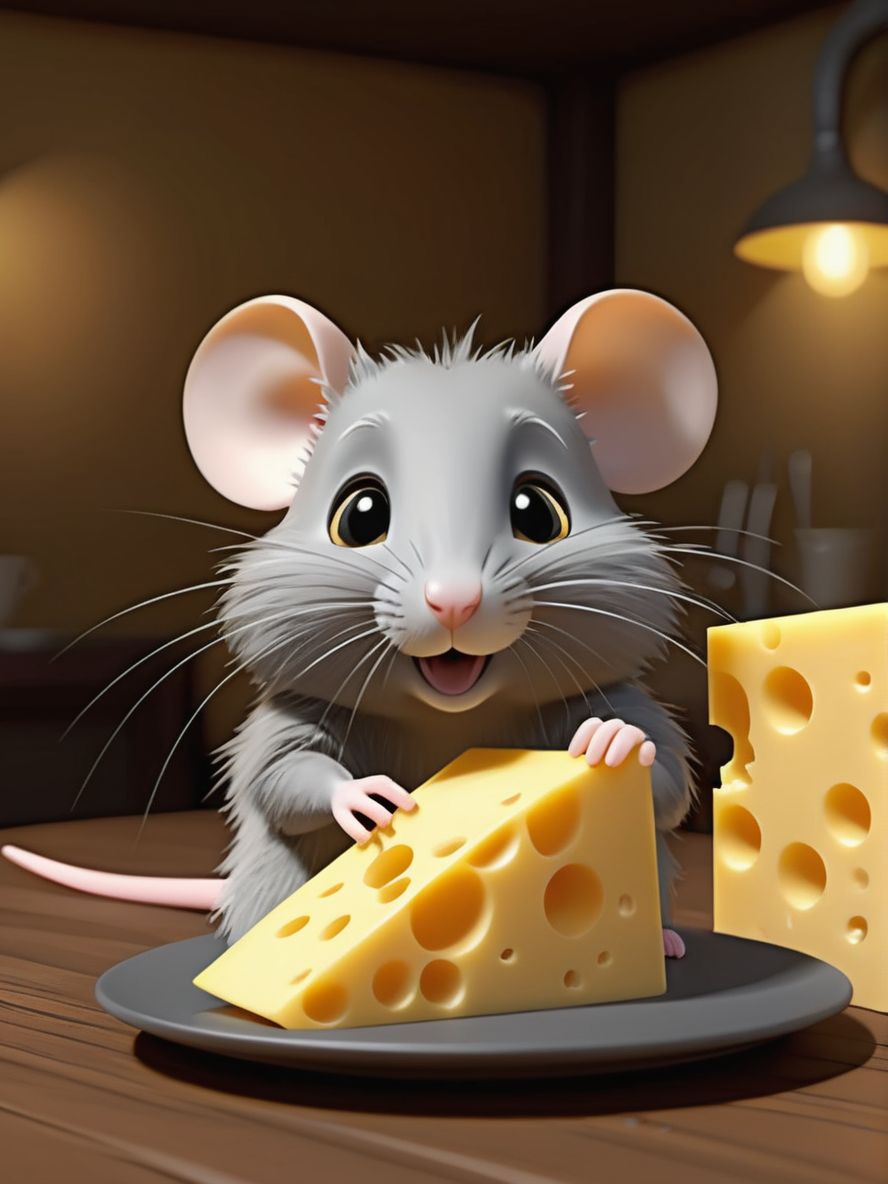 sico style, cute rat hug piece of cheese on a table, raytrace, intricate details, insane details, 8k, cute atmosphere, realistic hair,
 <lora:memoji_1024-000005:0.5>