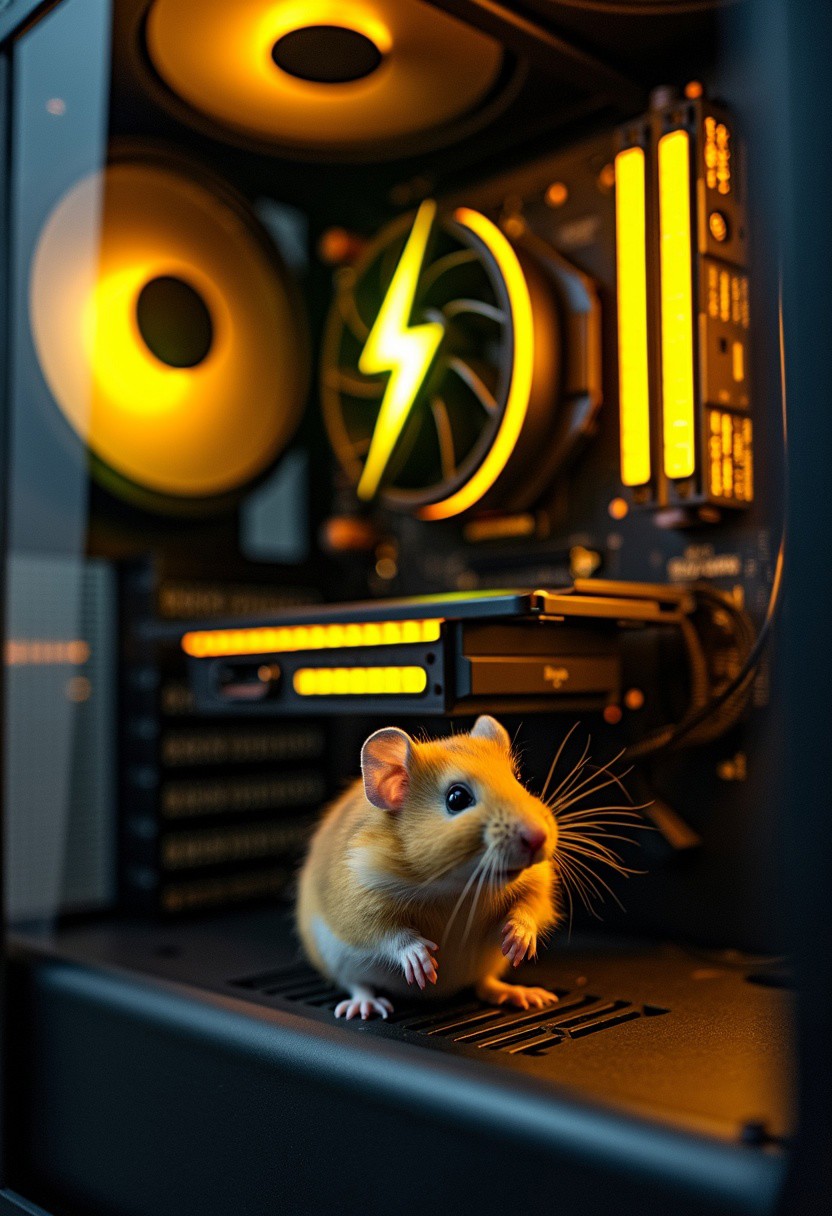 Photo of a the inside of a modern computer case. The computer has a graphics card with yellow led lights and has a shining logo of a yellow lighting bolt logo. In the lower side the case has a hamster wheel, with a hamster running inside.