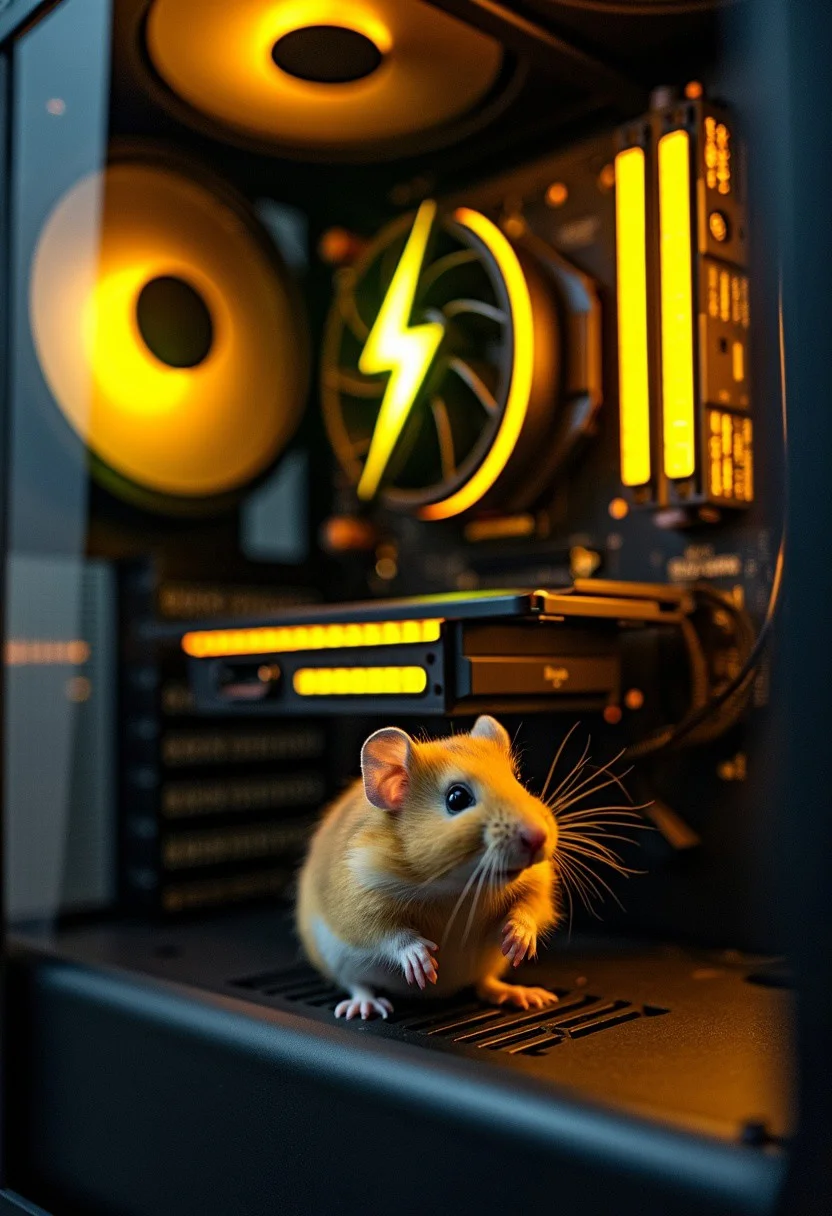Photo of a the inside of a modern computer case. The computer has a graphics card with yellow led lights and has a shining logo of a yellow lighting bolt logo. In the lower side the case has a hamster wheel, with a hamster running inside.