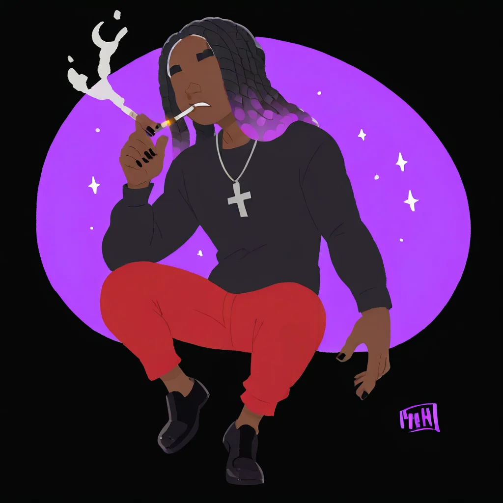 (solo,alone,one character) score_9 score_8_up score_7_up high_resolution 1,solo, single character, (dark skin male,male)(very long hair,dreadlocks,black hair, purple highlights,) (tall:1)(hair over eyes) (cross necklace,black shirt,long sleeves,red pants, black shoes), black nails Purple halos,,cigarette, smoking, mouth hold,, fire, lighter, holding, dark purple background, simple background, light particles, bokeh, fog, black background, starry background, galaxy background, dark, contrast,