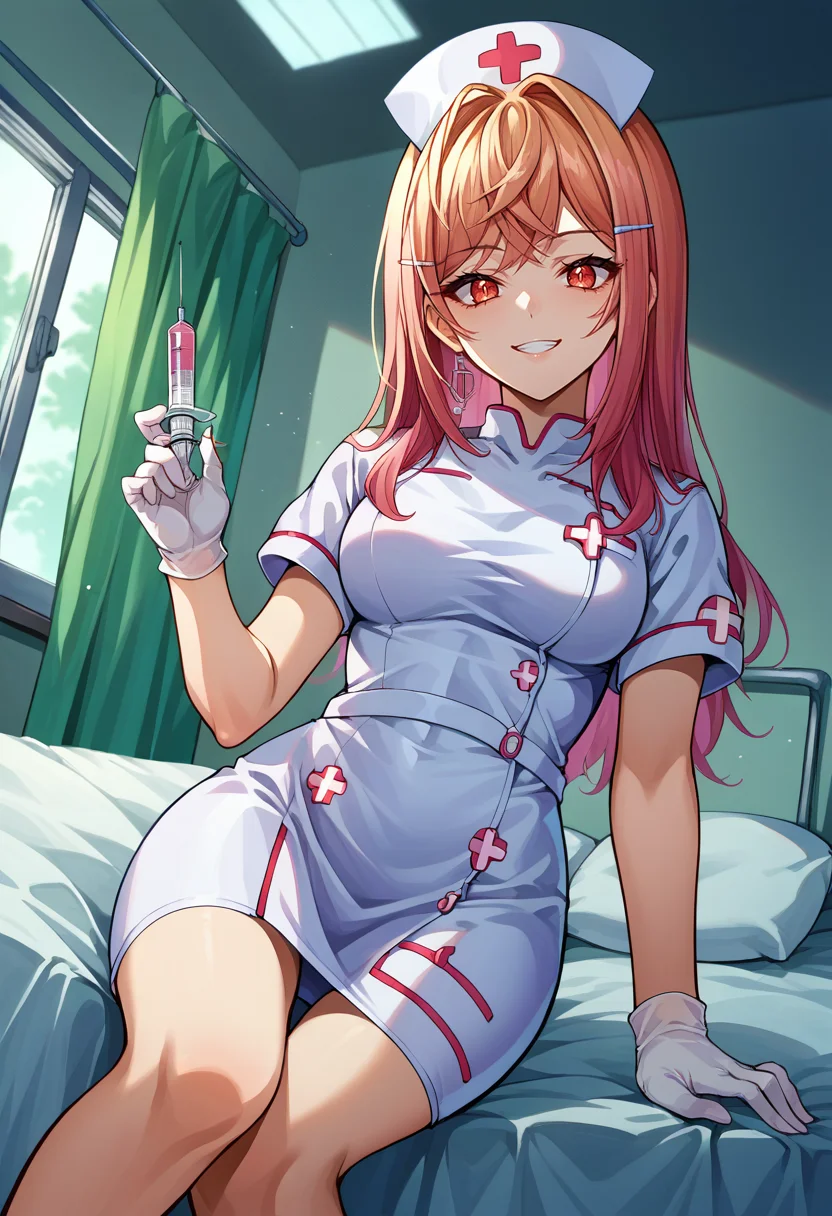 score_9, score_8_up, source_anime, 1girl, solo, IchijouRirika, long hair, hairclip, nurse cap, nurse, impossible clothes, gloves, holding syringe, large syringe, bed, from below, seductive smile, sitting, <lora:ChamIchijouRirikaPonyXL:1>