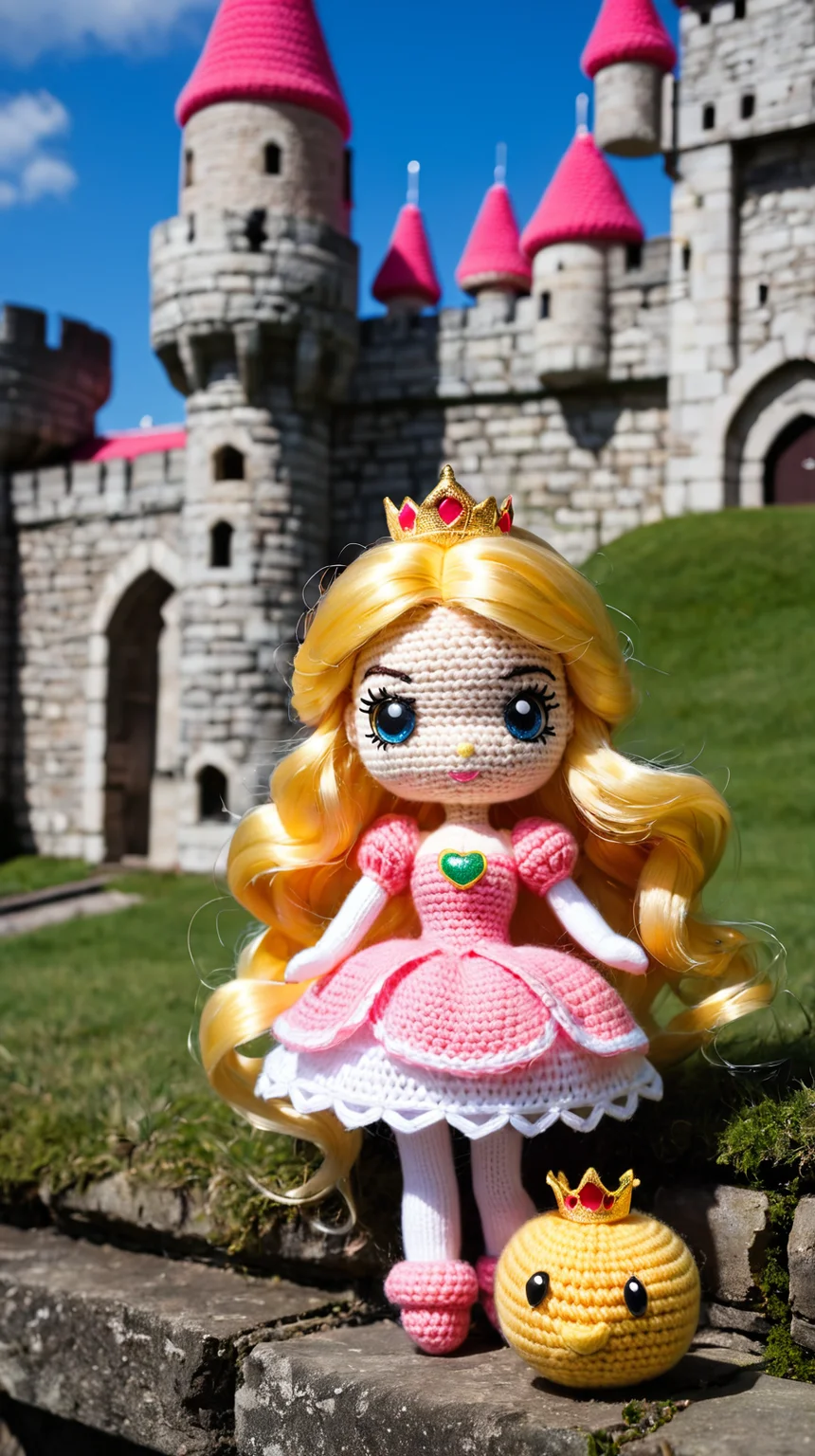 Amigurumi Doll style, princess peach, blonde hair, castle, day,