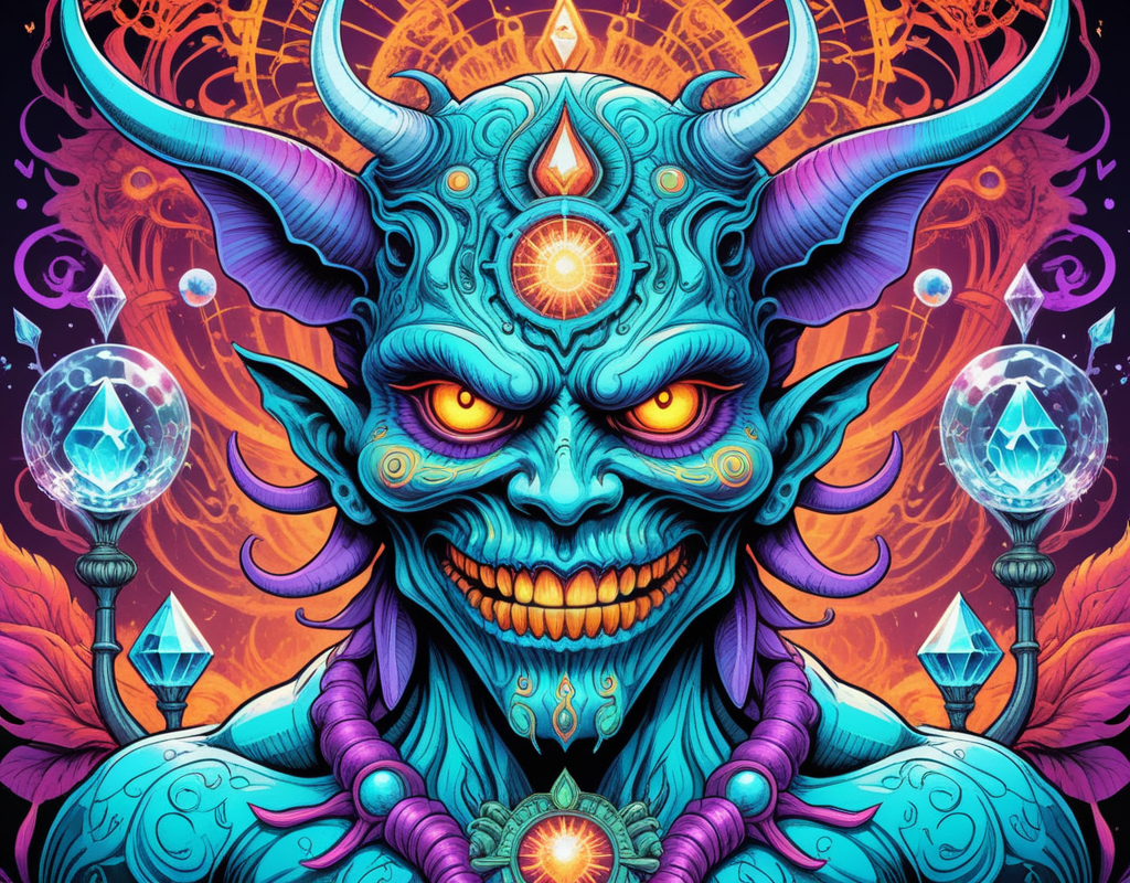 <lora:Daisy-Acid:.4> color line art,acid-art, trippy, daisyart, sketch, Magic-style Demon, it is Biochemical and Mad, absurdres, epic atmosphere, magical, dslr, stunning, aesthetic, romantic, located artistic, extremely stylish, perfect background, sublime, dynamic composition,Hyperrealistic, crystal-clear,with super sharp details and vivid colors, intricate textures, and pristine clarity