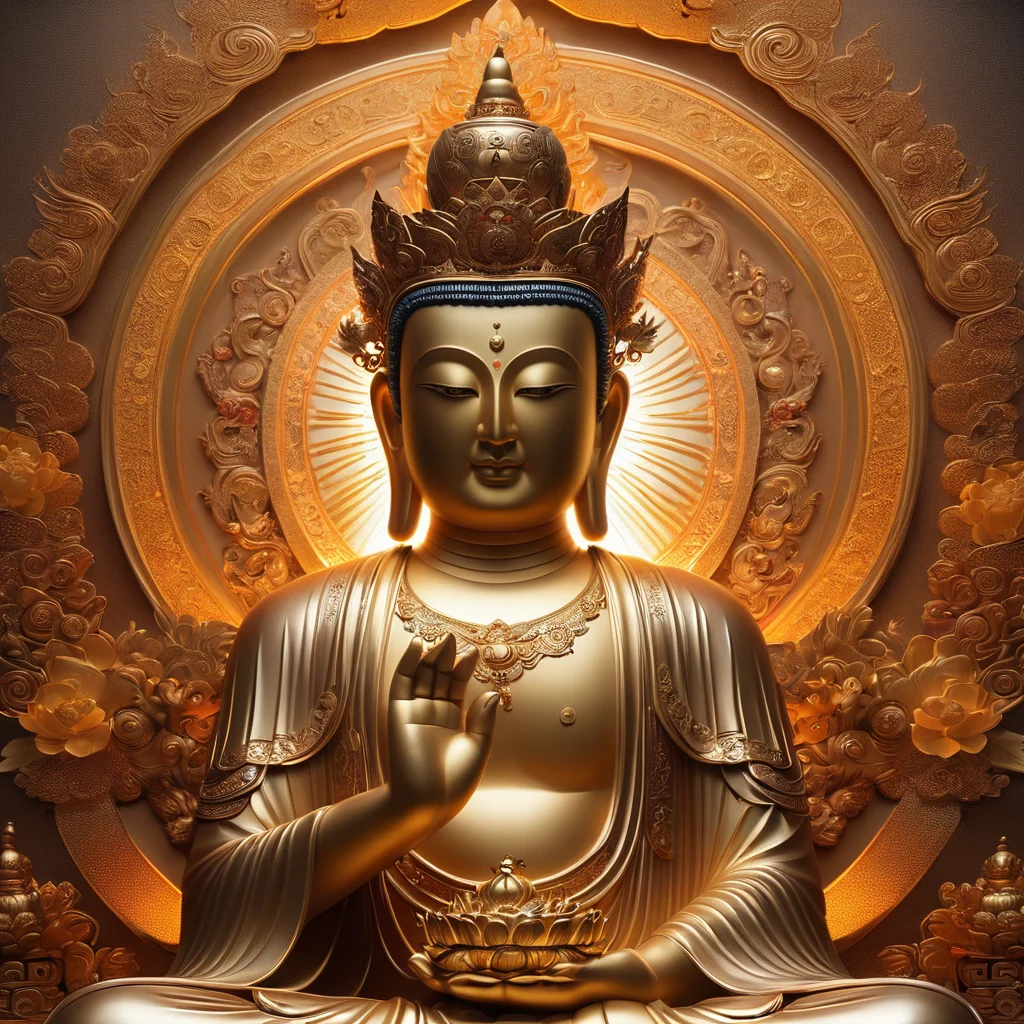 <lora:SDXLä½å天å å½åè©è©:0.7>,, Maitreya of the Heavenly Crown, tall and elegant in appearance, wearing a crown of five Buddhas, a large Dharma wheel with Buddha's light behind his head, wearing a cassock with delicate patterns, bare right arm, fearless seal in his right hand, holding a lotus in his left hand, sitting on a lotus seat, dressed as an ancient monk, Peaceful expression, (gold, gorgeous details, brilliance), aura, ethereal atmosphere, (best quality, 4k, 8k, high resolution, masterpiece: 1.2), ultra-detailed, (realistic: 1.37), traditional Buddhist art, texture Rich, vibrant colors, warm lighting, sunrise background, sparkling, delicate features, 3D rendering, cloisonné, 8K, best quality, blurred, bokeh, depthoffield, filmgrain, glisteningskin, HDR, highres, Kodakportra400, lens flare, masterpiece, photography, RAW photo, realistic, shar pfocus, ultra detailed, ultra highres, vibrant color, (Unreal Engine: 1.5), (wide angle lens: 1.3), (Landcaspe UHD: 1.5),Cinematic, Lens Flare, 16k, Strobe Light, Crepuscular Rays, Sunlight, Screen Space Global Illumination, Bioluminescence, Photoluminescence, Reflective, Ray Tracing Reflections, Posterization, insanely detailed and intricate, hypermaximalist, elegant, ornate, hyper realistic, super detailed, Highly detailed,Cinematic, Lens Flare, 16k, Strobe Light, Crepuscular Rays, Sunlight, Screen Space mination, Bioluminescence, Photo luminescence, Reflective,Ray Tracing Reflections,Posterization, insanely detailed and intricate, hyper maxima list, elegant, ornate, hyper realistic,super detailed,photography, masterpiece, best quality, 8K, HDR, highres, (absurdres:1.2), Kodak portra 400, film grain, (depth of field:1.3), (bokeh:1.2), lens flare, (vibrant color:1.2) ,) syberart,chromav5 , nvinkpunk