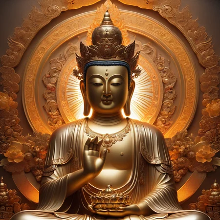 <lora:SDXLä½åå¤©å å½åè©è©:0.7>,, Maitreya of the Heavenly Crown, tall and elegant in appearance, wearing a crown of five Buddhas, a large Dharma wheel with Buddha's light behind his head, wearing a cassock with delicate patterns, bare right arm, fearless seal in his right hand, holding a lotus in his left hand, sitting on a lotus seat, dressed as an ancient monk, Peaceful expression, (gold, gorgeous details, brilliance), aura, ethereal atmosphere, (best quality, 4k, 8k, high resolution, masterpiece: 1.2), ultra-detailed, (realistic: 1.37), traditional Buddhist art, texture Rich, vibrant colors, warm lighting, sunrise background, sparkling, delicate features, 3D rendering, cloisonnÃ©, 8K, best quality, blurred, bokeh, depthoffield, filmgrain, glisteningskin, HDR, highres, Kodakportra400, lens flare, masterpiece, photography,   RAW photo, realistic, shar pfocus, ultra detailed, ultra highres, vibrant color, (Unreal Engine: 1.5), (wide angle lens: 1.3), (Landcaspe UHD: 1.5),Cinematic, Lens Flare, 16k, Strobe Light, Crepuscular Rays, Sunlight, Screen Space Global Illumination, Bioluminescence, Photoluminescence, Reflective, Ray Tracing Reflections, Posterization, insanely detailed and intricate, hypermaximalist, elegant, ornate, hyper realistic, super detailed, Highly detailed,Cinematic, Lens Flare, 16k, Strobe Light, Crepuscular Rays, Sunlight, Screen Space mination, Bioluminescence, Photo luminescence, Reflective,Ray Tracing Reflections,Posterization, insanely detailed and intricate, hyper maxima list, elegant, ornate, hyper realistic,super detailed,photography, masterpiece, best quality, 8K, HDR, highres, (absurdres:1.2), Kodak portra 400, film grain, (depth of field:1.3), (bokeh:1.2), lens flare, (vibrant color:1.2) ,) syberart,chromav5 , nvinkpunk