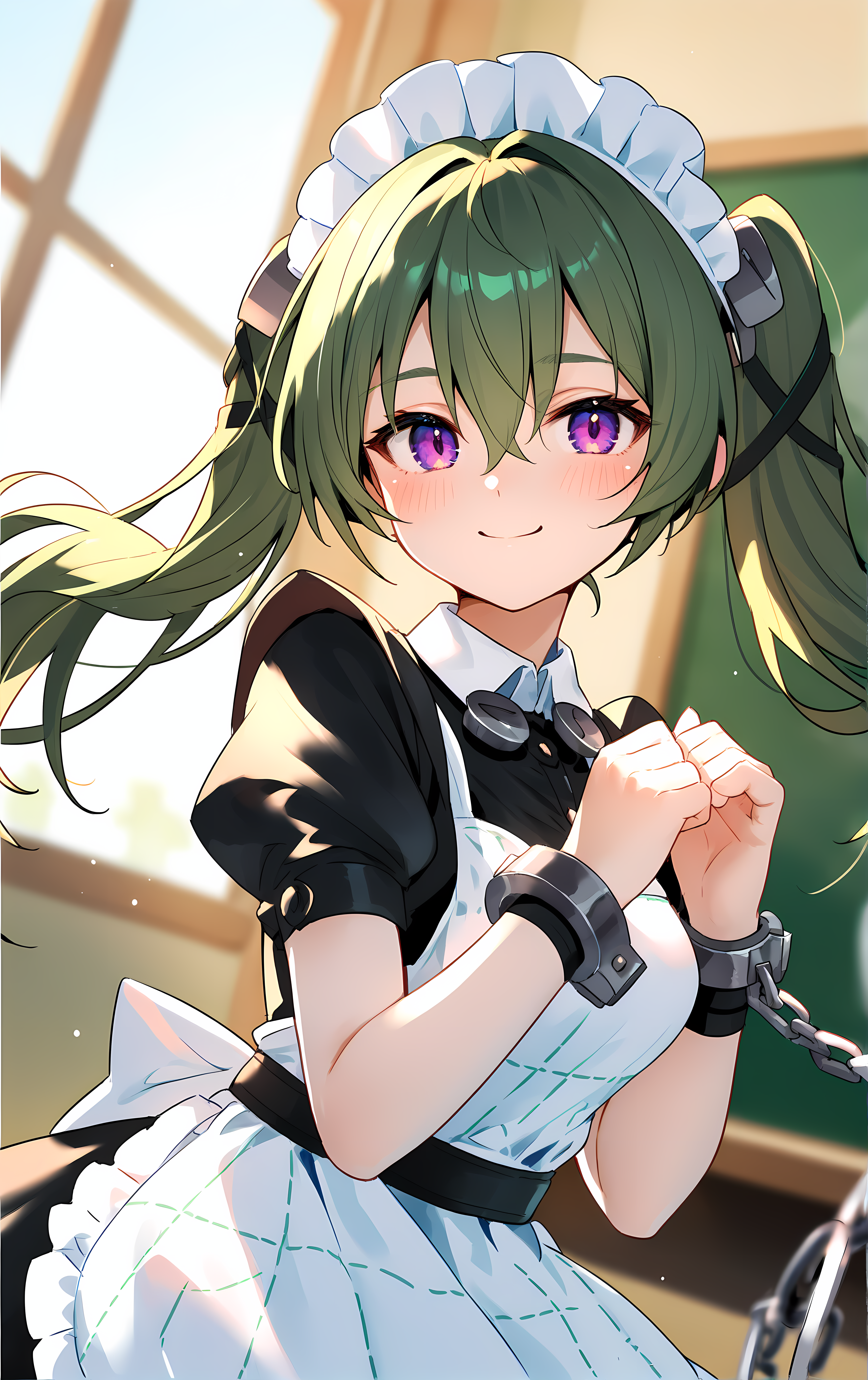 (score_9, score_8_up, score_7_up), blush, smile, closed mouth, medium breasts, shiny skin,
blurry background, upper body, close-up, cowboy shot, dutch angle,
classroom, looking_at_viewer,
corin, 1girl, green_hair, maid_headdress, apron, twintails, solo, purple_eyes, maid, long_hair, short_sleeves, black_dress, dress, maid_apron, puffy_sleeves, white_apron, hair_between_eyes, puffy_short_sleeves, chain, cuffs, wrist_cuffs,
 <lora:corin_wickes_pony_ss:0.9>