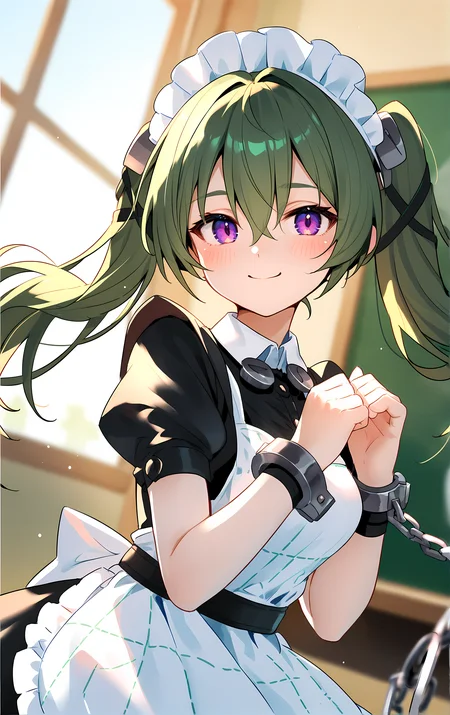 (score_9, score_8_up, score_7_up), blush, smile, closed mouth, medium breasts, shiny skin,
blurry background, upper body, close-up, cowboy shot, dutch angle,
classroom, looking_at_viewer,
corin, 1girl, green_hair, maid_headdress, apron, twintails, solo, purple_eyes, maid, long_hair, short_sleeves, black_dress, dress, maid_apron, puffy_sleeves, white_apron, hair_between_eyes, puffy_short_sleeves, chain, cuffs, wrist_cuffs,
 <lora:corin_wickes_pony_ss:0.9>