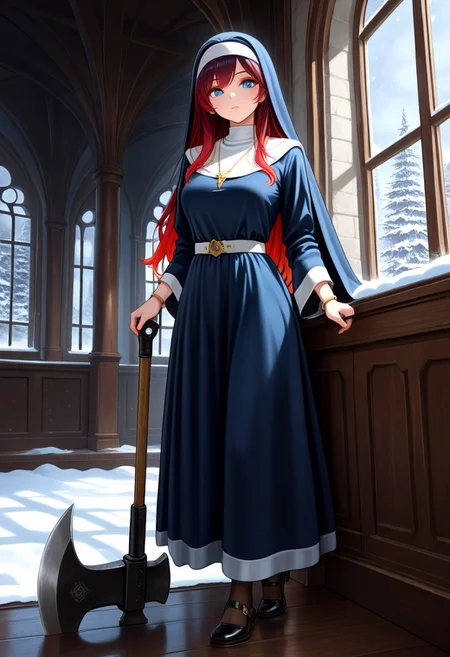 masterpiece, best quality, amazing quality, very aesthetic, absurdres, newest, fayeffl3, 1girl, long blue dress, gold necklace, gold bracelets, blue eyes, white belt, black pump shoes, pantyhose, close up, looking at viewer, axe, holding axe, (red hair, gradient hair:1.4), holding habit, indoors, window, snow,