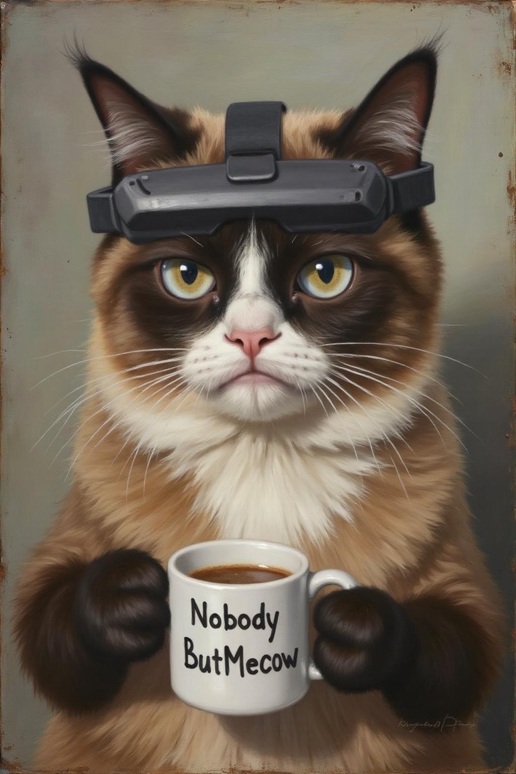 hansandersenbrendekilde1 painting.
Grumpy Cat holding a coffee mug, wearing a VR Headset. The mug has the phrase "NobodyButMeow" printed
 <lora:hansandersenbrendekilde1_cap_d8a4e11:1.0><lora:855180097592815553:0>