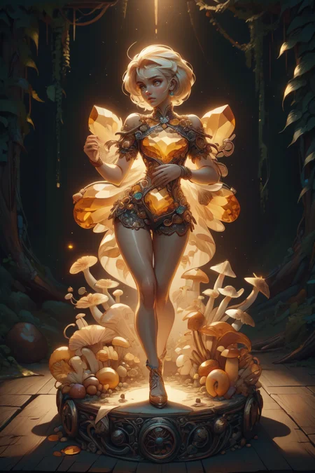 breathtaking 1girl, full shot, full body, <lora:ral-mushroomz:1> mushroomz <lora:citrine-style-darquelilly-v1:1> citrinegemstyle, masterpiece, award-winning, professional, highly detailed, low key lighting, chiaroscuro lighting
