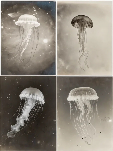 photograph of a jellyfish floating in space  <lora:rppc-06:1>