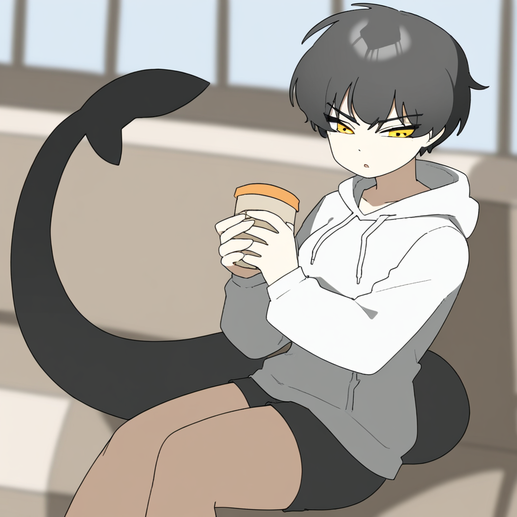 Shark girl, tomboy, shark tail, short black hair, golden eyes, white hoodie, black shorts, sitting at a cafe