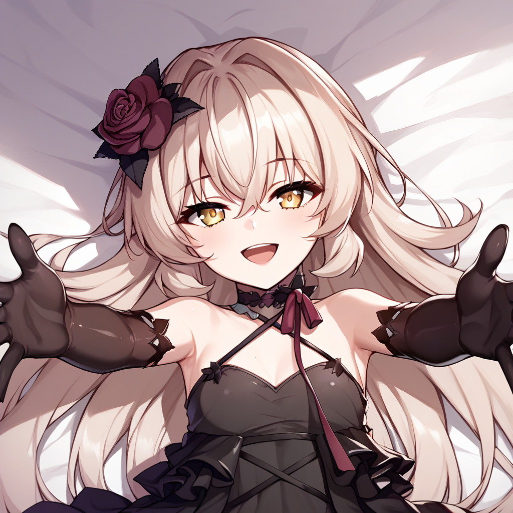 eve meitner, 1girl, solo, gloves, long hair, dress, elbow gloves, thighhighs, hair ornament, black dress, black gloves, flower, yellow eyes, on bed, upper body view, hug, hands reaching out to viewer, seductive smile, open mouth, lying on bed,  <lora:Pony-XL-EveMeitner:1>, score_9, score_8_up, score_7_up, score_6_up, source_anime,