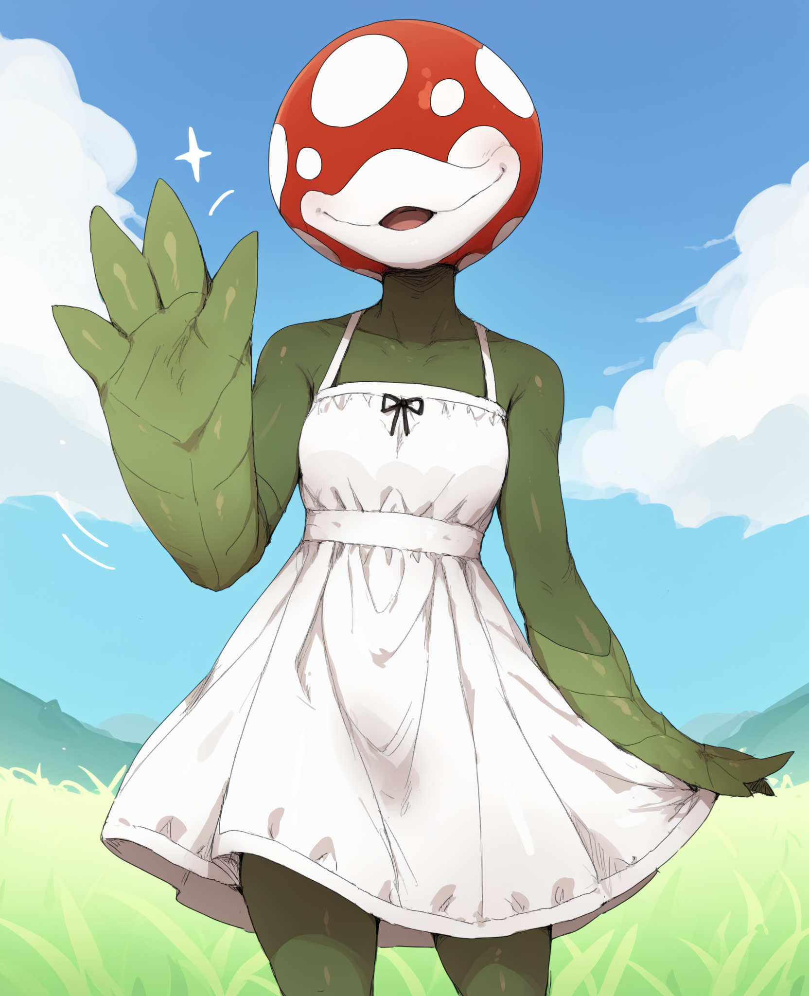 score_9, score_8_up, score_7_up, score_6_up, score_5_up, score_4_up, source_furry, mdf, yku, elemental creature, flora fauna, mouth creature, piranha plant, anthro, eyeless, female, green body, lips, red head, white head, spots, standing, outside, white lips, (cute, cute expression:1.2), detailed background, outside, grass, flower field, solo, waving, waving at viewer, (leaf arms:1.3), looking at viewer, cheering, cheerful, star \(symbol\), dress, sundress, ^o^, king outfit
<lora:piranha-plant_pdxl:1>