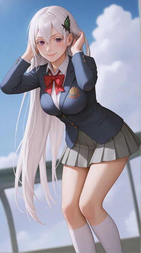 zPDXLxxx,score_9,score_8_up,score_7_up,realistic,masterpiece,best quality,perfect anatomy,very aesthetic,absurdres,
<lora:Quality tweaker_last:-2>,
<lora:Breast Slider - Pony_alpha1.0_rank4_noxattn_last:2>,
<lora:azurlaneXLP6lokrV4236T2:0>,
solo,blush,smile,
from side,from below,adjusting hair,arm behind head,bent over,
<lora:Echidna PonyXL Anzhc v1.6:1>,
echidna,purple eyes,white hair,hair between eyes,very long hair,butterfly hair ornament,
school uniform,red bowtie,blazer,blue jacket,collared shirt,white shirt,grey skirt,pleated skirt,white socks,kneehighs,shoes,