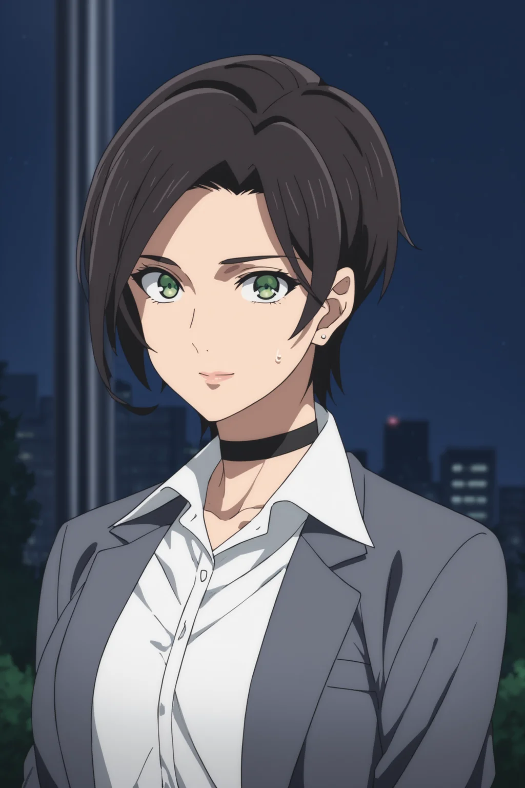 score_9, score_8_up, score_7_up, score_6_up, score_5_up, source_anime, rating_safe, medium breasts, outdoors, city, (night:1.2), office, 1girl, solo, looking at viewer, <lora:age_slider_v4:3>, (standing:1.2), (upper body:1.2),yumihara saki, black hair, short hair, green eyes, sakisuit, formal, suit, black choker, grey jacket, white shirt, collared shirt, belt, grey pants, black shoes, <lora:Saki_Yumihara:0.8>,