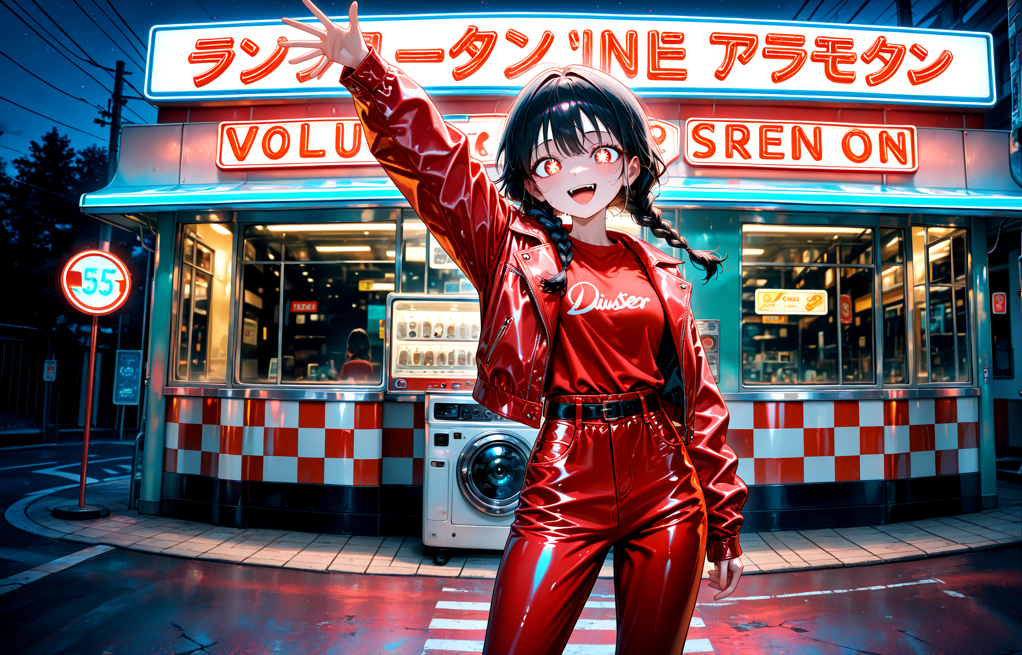 masterpiece, best quality, amazing quality, very aesthetic, absurdres,  newest,
diner neon,outdoor,dark_background,sky  scenery signboard
1girl,,red jacket red shirt,red pants,black hair, low_twin_braids
standing ð¤\m/ arm up smile open mouth
looking_at_viewer,glowing,latex,luster,shiny_skin,
{{best_quality}},{{amazing_quality,very_aesthetic}},
masterpiece, best quality, amazing quality, very aesthetic, absurdres,  newest, volumetric lighting, <lora:spo_sdxl_10ep_4k-data_lora_webui:1>