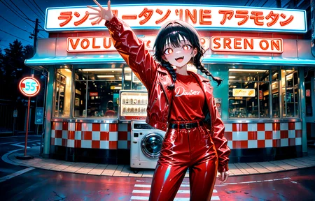 masterpiece, best quality, amazing quality, very aesthetic, absurdres, newest,
diner neon,outdoor,dark_background,sky scenery signboard
1girl,,red jacket red shirt,red pants,black hair, low_twin_braids
standing ð¤\m/ arm up smile open mouth
looking_at_viewer,glowing,latex,luster,shiny_skin,
{{best_quality}},{{amazing_quality,very_aesthetic}},
masterpiece, best quality, amazing quality, very aesthetic, absurdres, newest, volumetric lighting, <lora:spo_sdxl_10ep_4k-data_lora_webui:1>