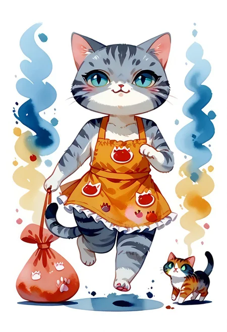 score_7_up, score_8_up, score_9, (full body:1.15), cat, animal kitten, chibi animal cat, Kus1cat, Chibi Art Style, fur,
cute cat, game character, very cute, chef, watercolor style, watercolor,
(gray striped cat with an apron running with a sack of flour:1.21),
(cute kitchen detailed background:1.23), HQ,