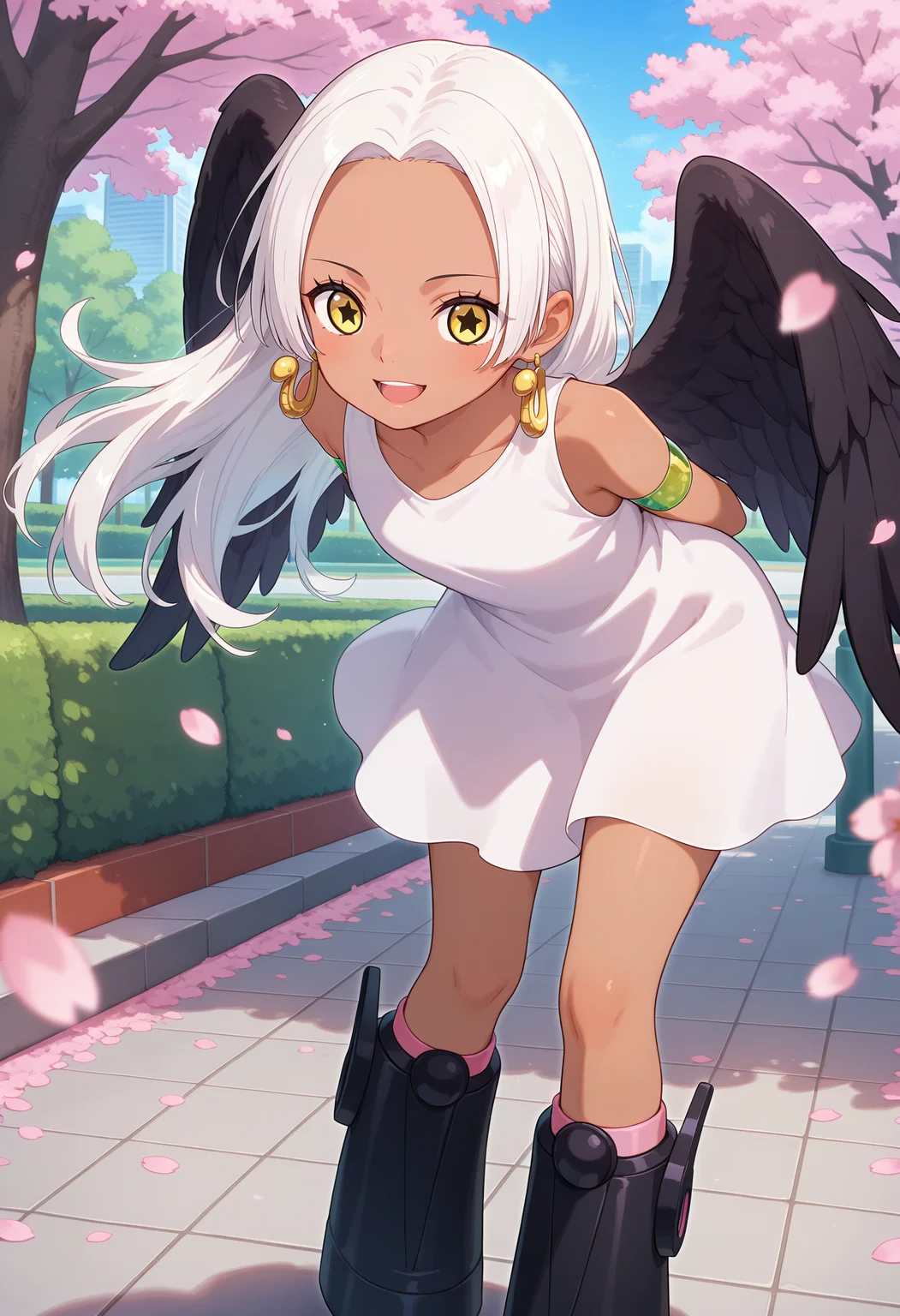 best quality, masterpiece, aass, long hair, white hair, dark-skinned female, earrings, yellow eyes, star-shaped pupils, black wings, white dress, sleeveless, armlet, knee boots, black footwear, <lora:s-snake_ilxl_v1:0.9>, arms behind back, leaning forward, standing, outdoors, open mouth, cherry blossoms, smile, park