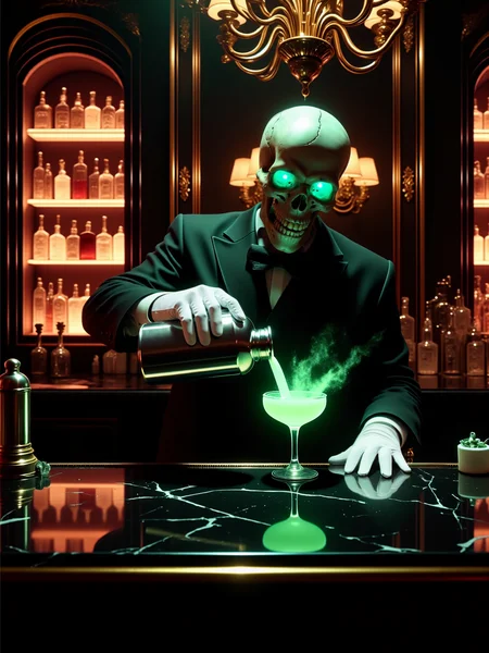 cinematic film still in a noir-style with art deco influences, the haunting and atmospheric art deco hotel bar of hotel cortez, the dimly lit space is filled with the glow of antique chandeliers, brass fixtures, and polished black marble surfaces flickering with ghostly light, in the foreground, a skeletal barkeeper stands behind an elegantly curved bar made of polished black marble and brass accents, art deco motifs of sleek geometric patterns and detailed lines adorn the bar and walls, in the background, a towering backlit mirror reflects bottles of glowing spirits lined in eerie rows, the skeletal barkeeper, a reanimated figure in an elegant suit, is mid-motion, pouring a ghostly otherworldly glowing cocktail from a sleek, polished shaker into a cocktail glass resting on the bar, his hollow eyes glow with a faint, eerie green fire as he serves the drink, he wears immaculate white leather gloves, gripping the shaker with precise, practiced movements, the skull is faintly illuminated by the soft glow of gas lamps, a sinister yet polite grin stretches across his bony face, enhancing his unsettling charm, as he pours the drink, wisps of ethereal vapor curl up from the glass, adding to the haunting atmosphere, the image is a medium shot from eye level, placing the viewer in front of the barkeeper, the polished bar surface reflects the faint light, adding depth and dimension, the art deco details frame the skeletal figure, emphasizing his central role, soft, flickering golden light from the antique chandeliers casts dappled light across the room, the background bottles emit an ethereal glow, illuminated particles of dust float lazily in the air, adding to the eerie, forgotten atmosphere, subtle highlights glint off the polished surfaces, shot on 35mm film, capturing the intricate textures of bone, intricate fabric, and marble with rich, cinematic detail, warm light from the flickering gas lamps lends an eerie yet elegant feel, while the ghostly vapor from the cocktail enhances the unsettling charm, the barkeeper has an anatomically correct, earless skull with detailed sutures and teeth, cervical spine, the color palette is predominantly shades of dark red and teal with black and gold, aidmahyperrealism, <lora:haunted_hotel-flux-by_dougs0011:1.0> <lora:hyper_realism-v0.2-flux-by_aidma:0.48> <lora:image_enhancer-flux-by_dever:0.88>