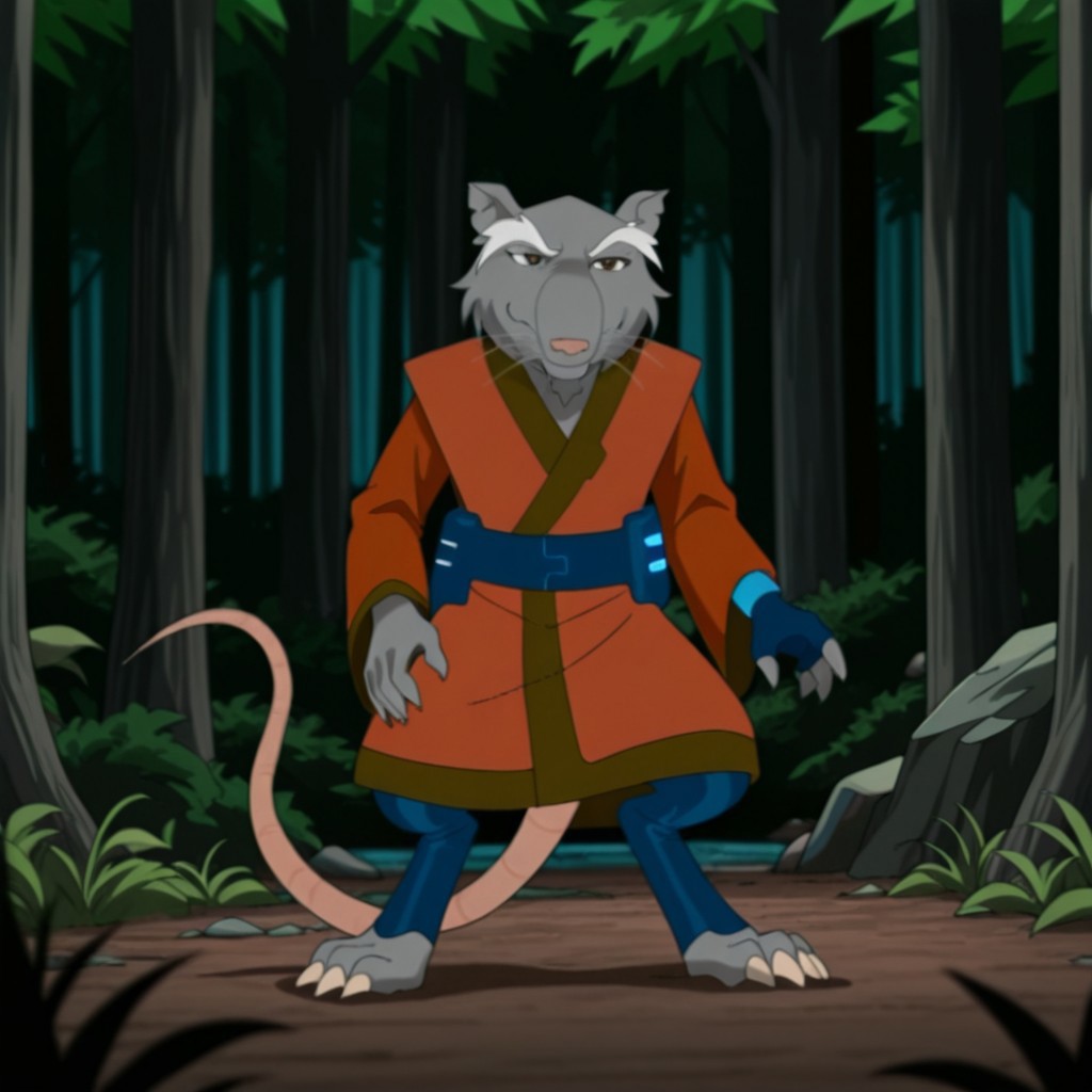 masterpiece, best quality, amazing quality, FFSplinter03IL, semi-anthro, male, rat_boy, grey fur, whiskers, brown eyes, rat tail, red-orange kimono,  in a forest, solo, full body, standing, blue belt, blue pants, blue fingerless glove, single glove