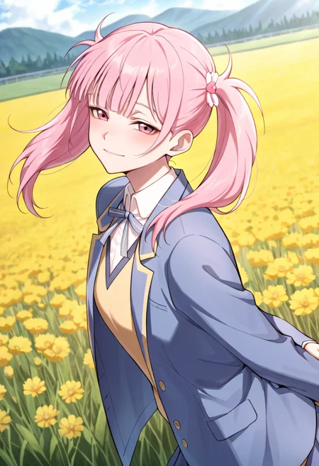 <lora:Li Tianxi School Uniform2:0.8>,15_Li Tianxi School UniformWoman,long hair,bangs,twintails,pink hair,side ponytail,pink eyes,shirt,ribbon,twintails,medium breast,light skin,1girl,school uniform,blue jacket,white shirt,collared shirt,neck ribbon,
(Character),score_9, score_8_up, score_7_up, very aesthetic, source_anime, detailed, high quality, beautiful, masterpiece, detailed eyes, field, blurry background, pose dynamic angle, upper body, cowboy shot, light smile, floating hair, half-closed eyes, hands behind back, leaning forward, looking forward, looking at viewer.,