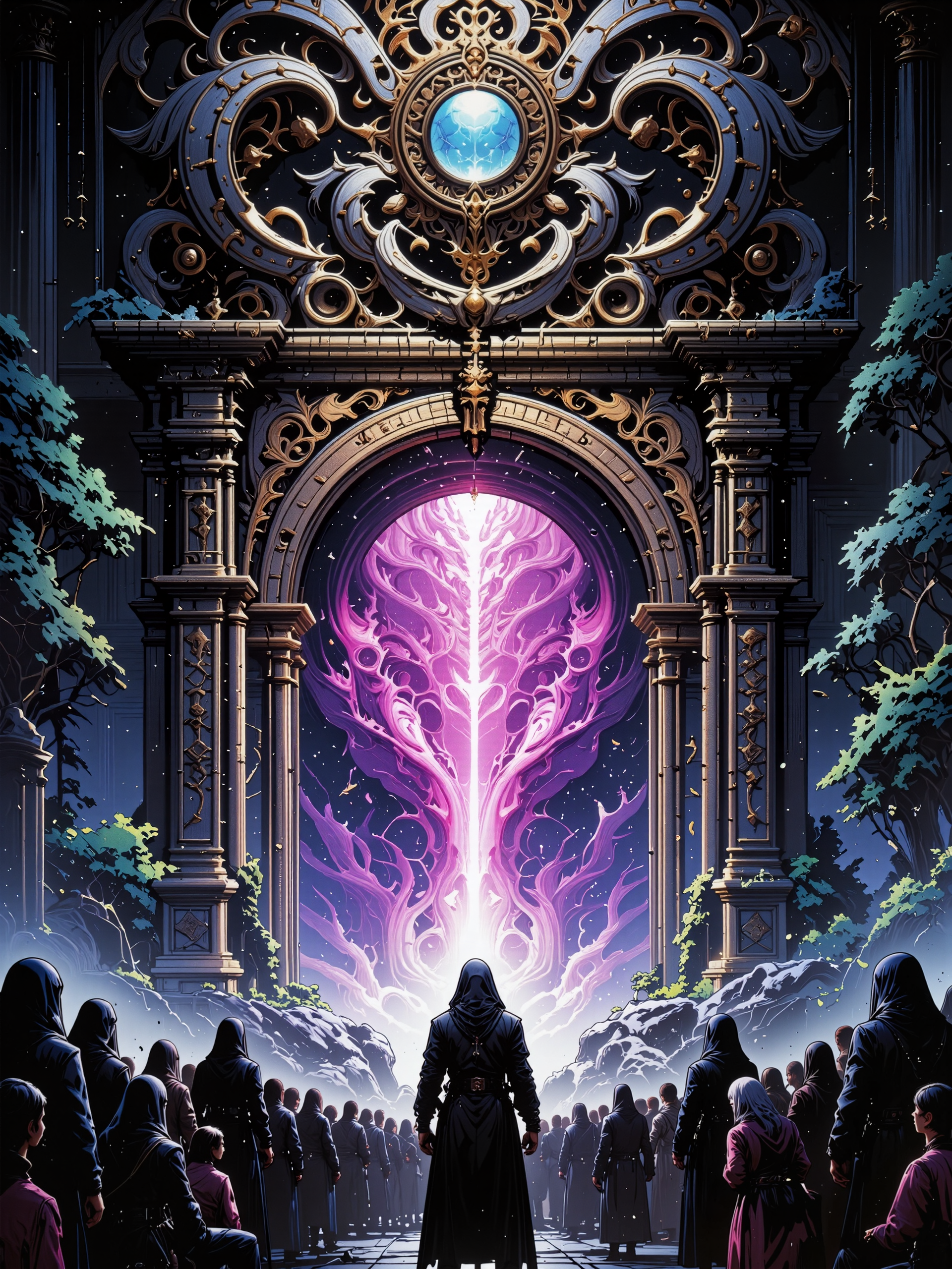 famous fantasy painting of a strange eldritch portal, archway, magic portal, a crowd of hooded robed figures gathers around the mysterious structure, highly aesthetic, high resolution, hyper realistic, 8k, 4k, low angle view, dramatic composition, epic, accurate, at night, dim lighting, beckoning, the children of the night, the spirits of the undead, and the lesser lights, now the time has come to reach out, we must heed their calls, when strange gateways beckon, obsidian black and fuchsia and anthrazit grey and aubergine purple and viridian and dresden blue, deadly yet beautiful, ancient temple background with ominous lighting, crawling chaos, eldritch vapors, eldritch glow, ethereal light, lovecraftian, cthulhu mythos, dvr-dm-flux, g0thicl1nes, <lora:style-dan_mumford-flux-by_dever:0.8> <lora:style-mythic_fantasy-gothic_lines-flux-by_velvets:0.88> <lora:style-retro_anime-flux-by_lizardman245:0.24> <lora:epic_gorgeous_details-balance-flux-by_flyway:0.48>