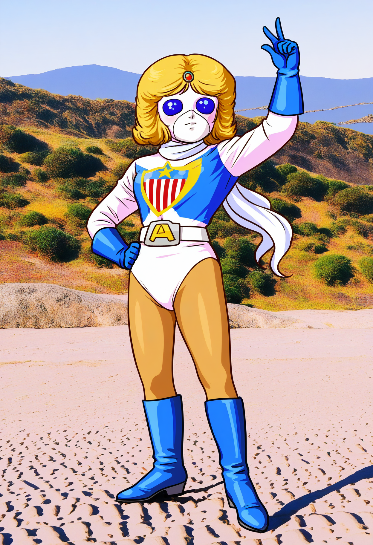 1girl, solo, full body, 
Miss-America, 1girl, solo, gloves, navel, pantyhose, belt, leotard, legs, white leotard, retro artstyle, photo background, 1970s \(style\), tokusatsu, mask, blue eyes, short hair, blonde hair, blue gloves, blue boots, scarf, beel_style
 <lora:Miss-America_IL:1>Miss-America